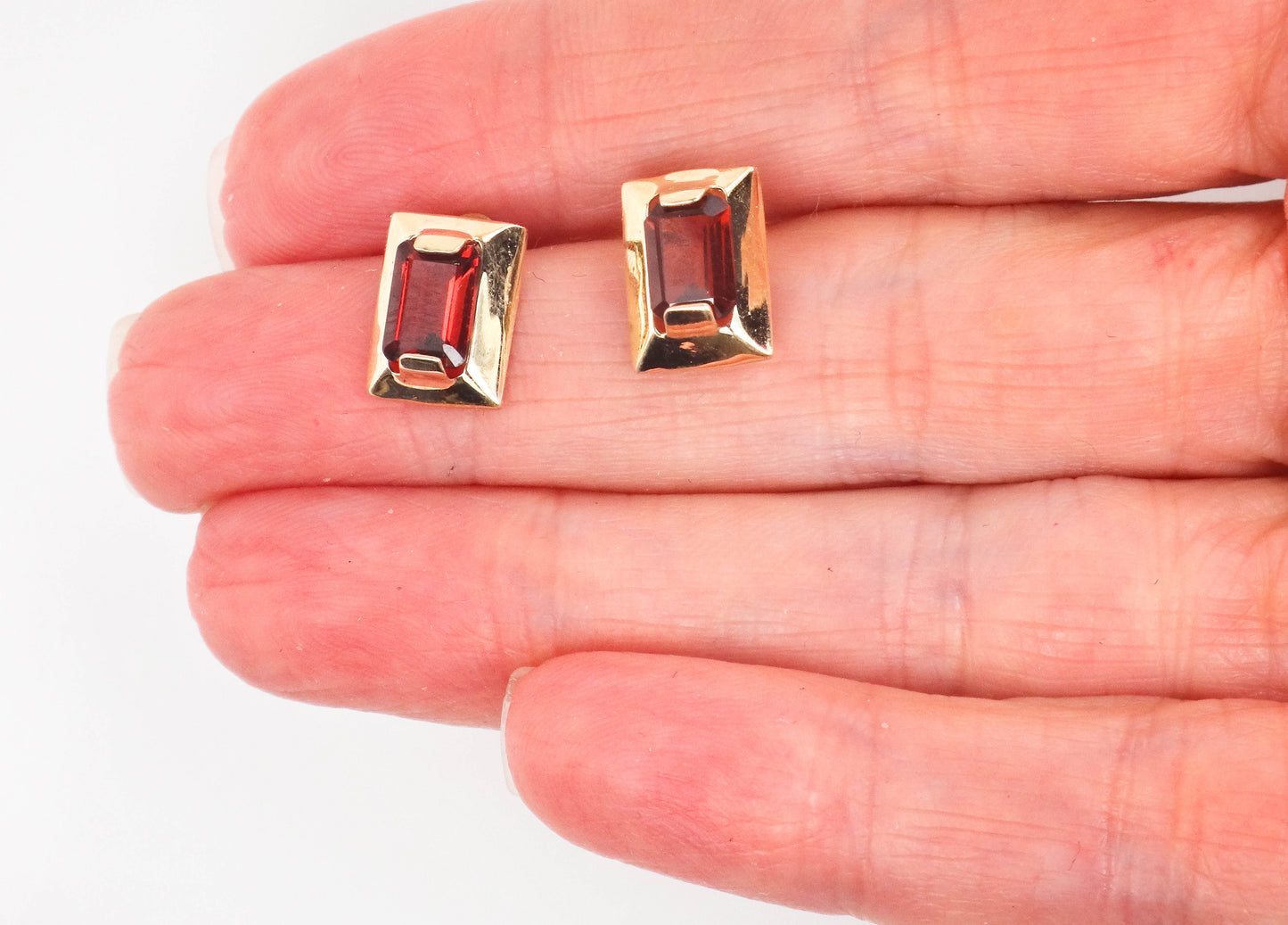 Vintage 10k Yellow Gold Rectangle Garnet Stud Earrings, January Birthstone Earrings