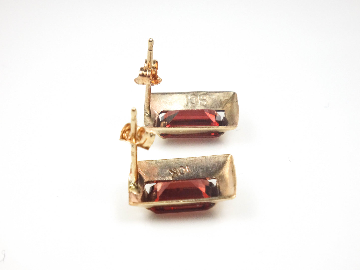 Vintage 10k Yellow Gold Rectangle Garnet Stud Earrings, January Birthstone Earrings