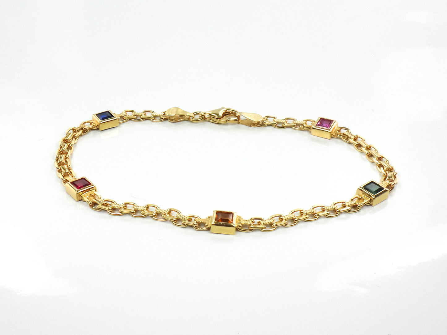 Estate 14k Yellow Gold Multi-Colored Gemstone Bismark Bracelet 8"