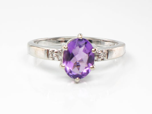 Vintage 14k White Gold Natural Amethyst and Diamond Ring, Purple February Birthstone Ring