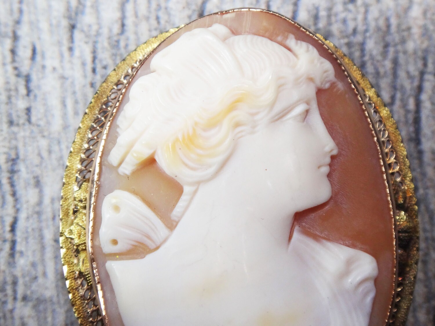 Large 10k Gold Shell Cameo Pendant Pin Hand Carved Goddess Psyche Butterfly Shell Cameo - Filigree Art Deco Circa 1920's
