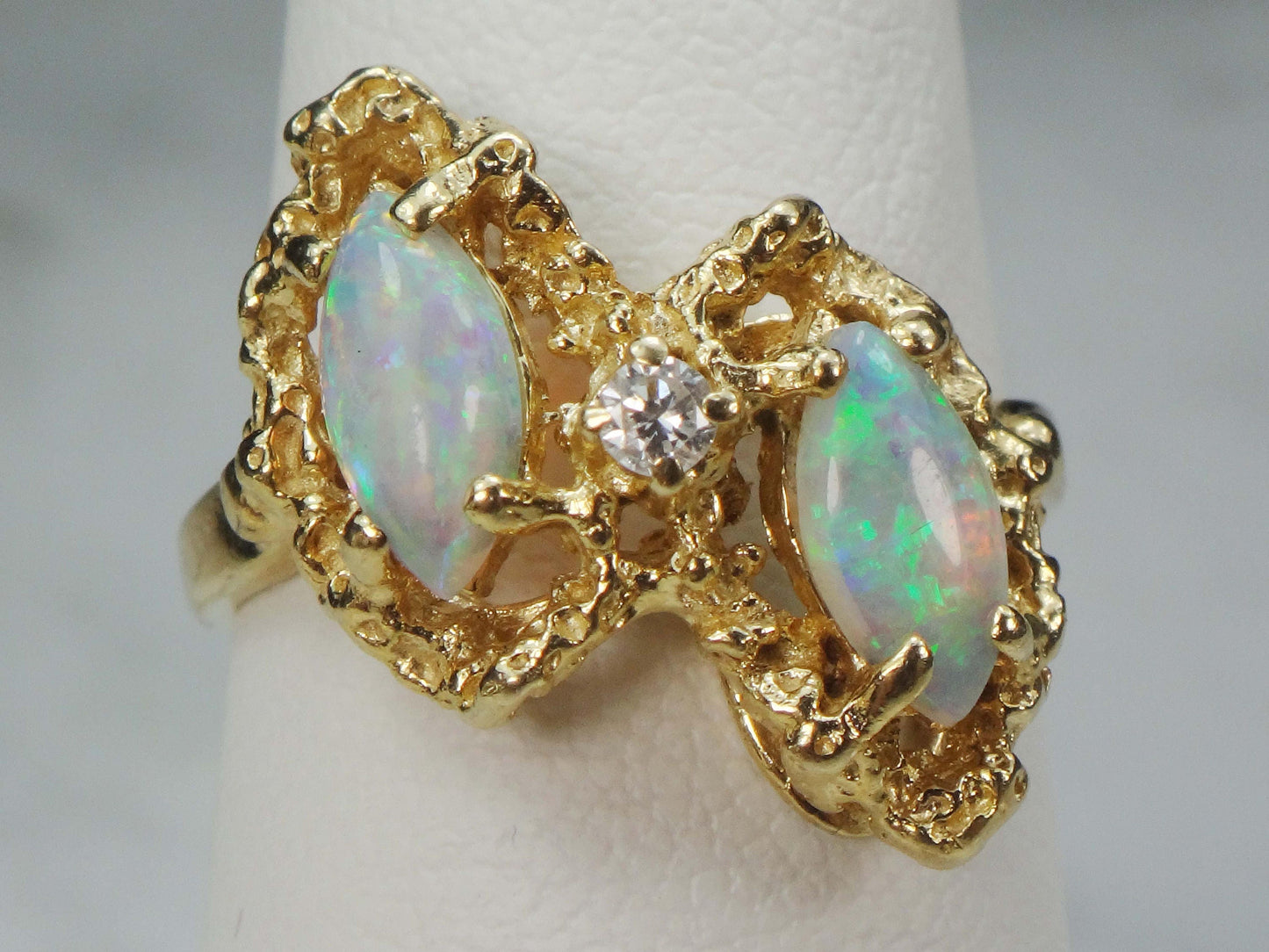 Vintage Two Marquise Opals and Diamond Ring 14k Yellow Gold Natural Australian Opal Ring - October Birthstone