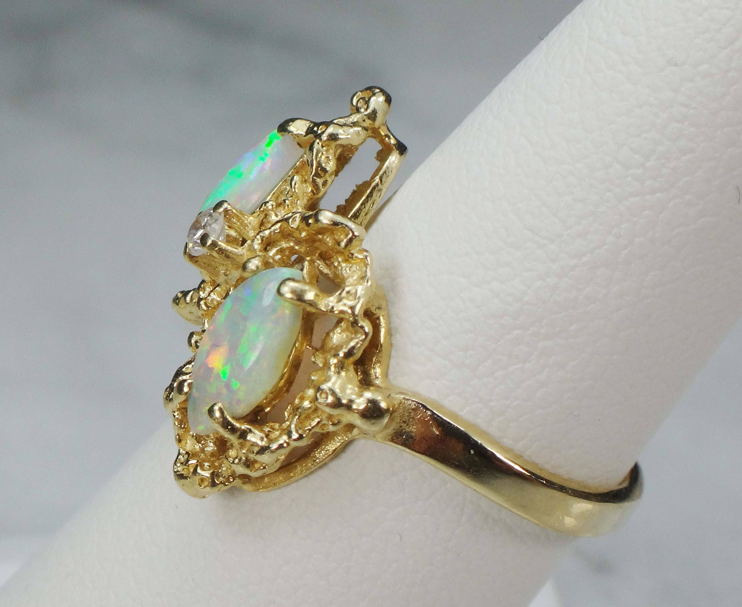 Vintage Two Marquise Opals and Diamond Ring 14k Yellow Gold Natural Australian Opal Ring - October Birthstone