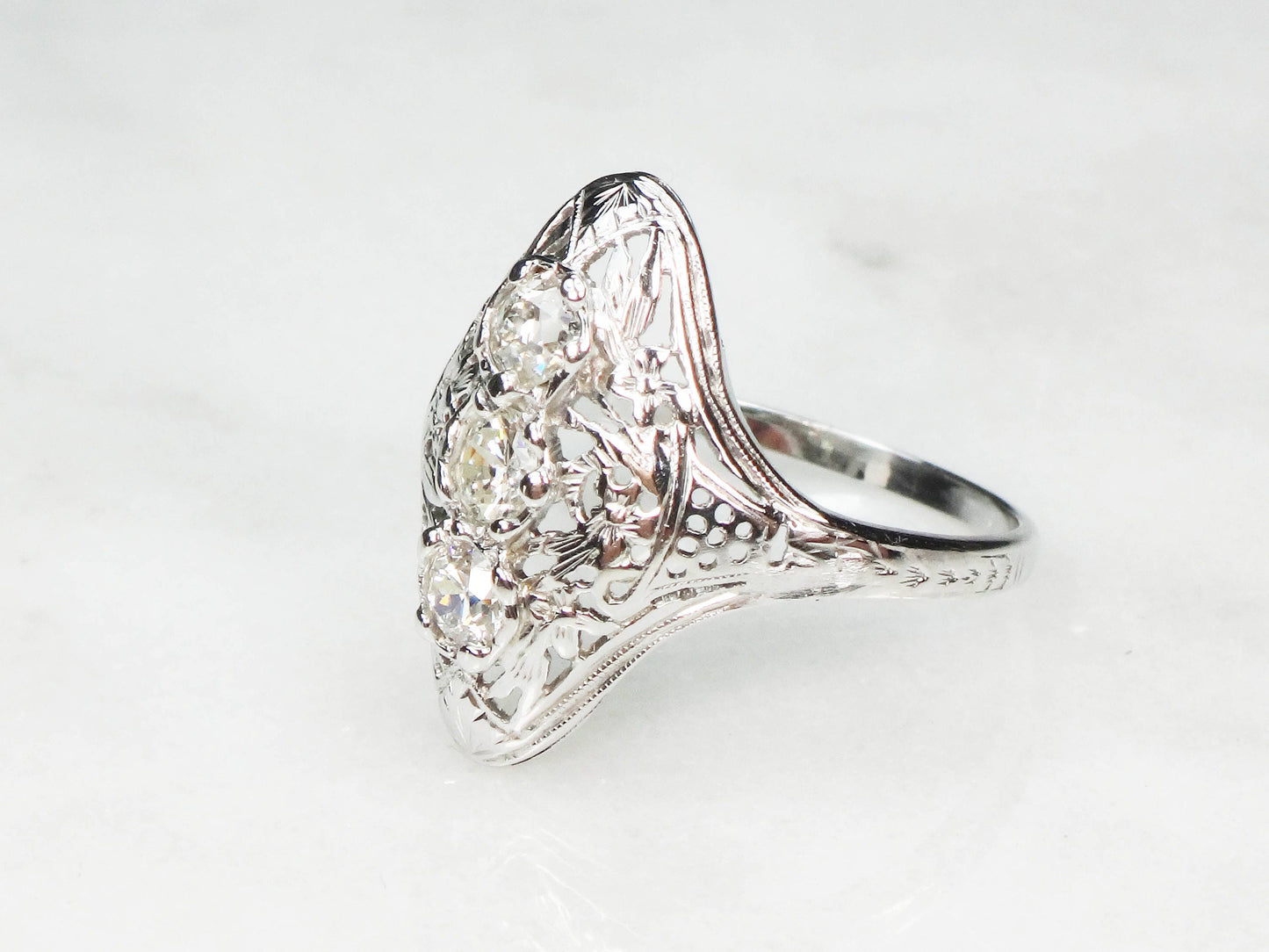 Antique 14k White Gold Diamond Filigree Ring: Art Deco Three-Stone Ring, Size 7