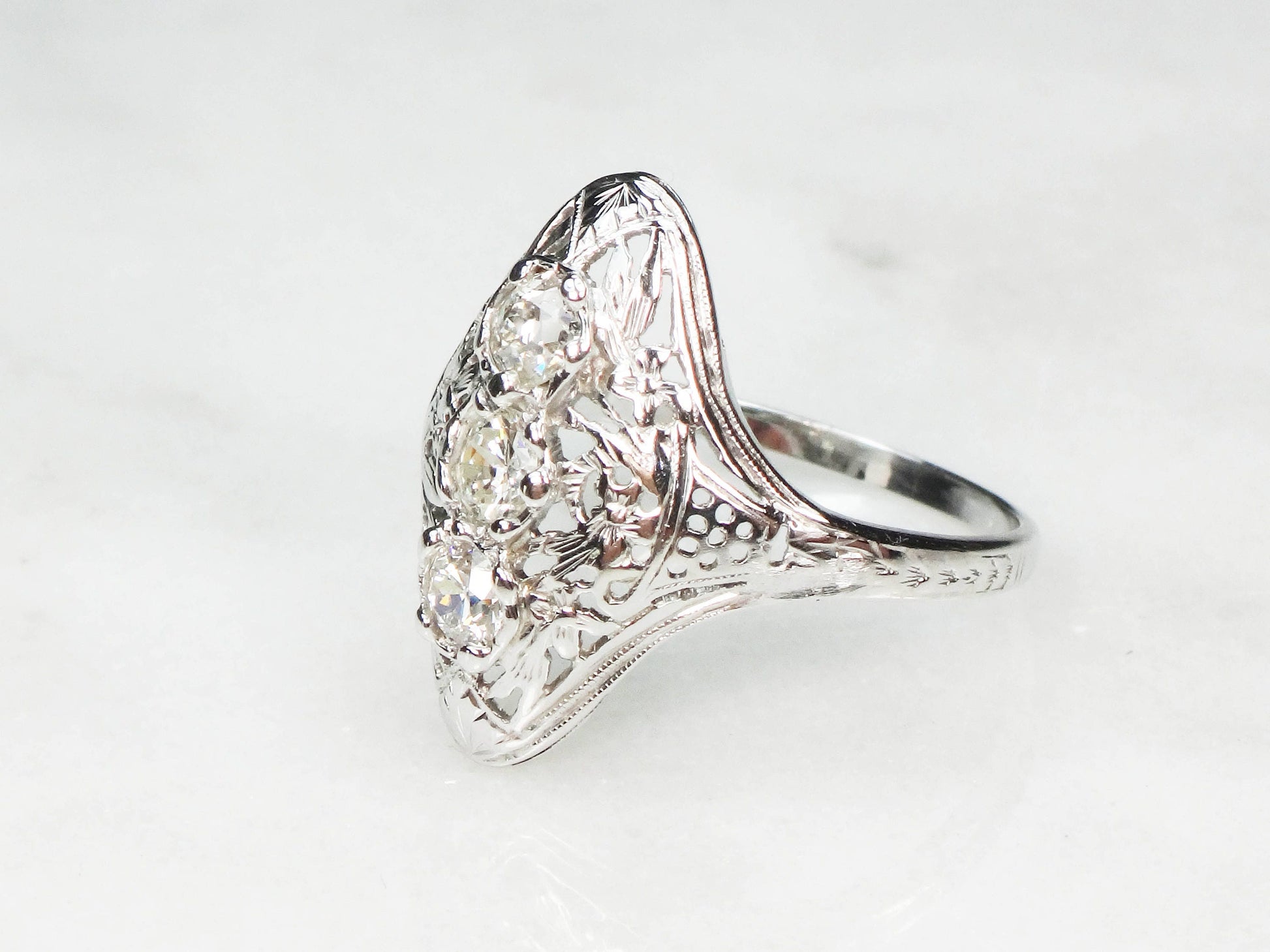 Antique 14k White Gold Diamond Filigree Ring: Art Deco Three-Stone Ring, Size 7