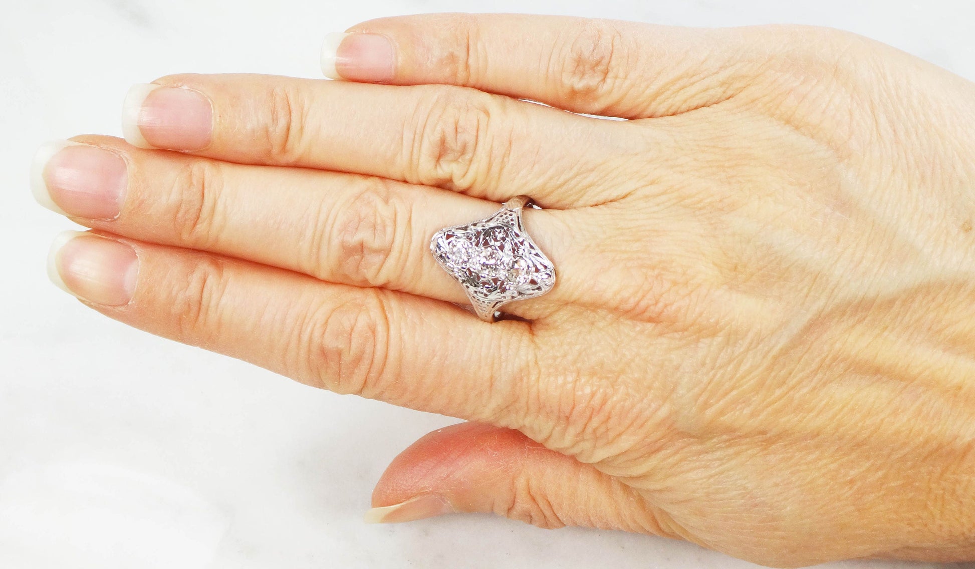 Antique 14k White Gold Diamond Filigree Ring: Art Deco Three-Stone Ring, Size 7