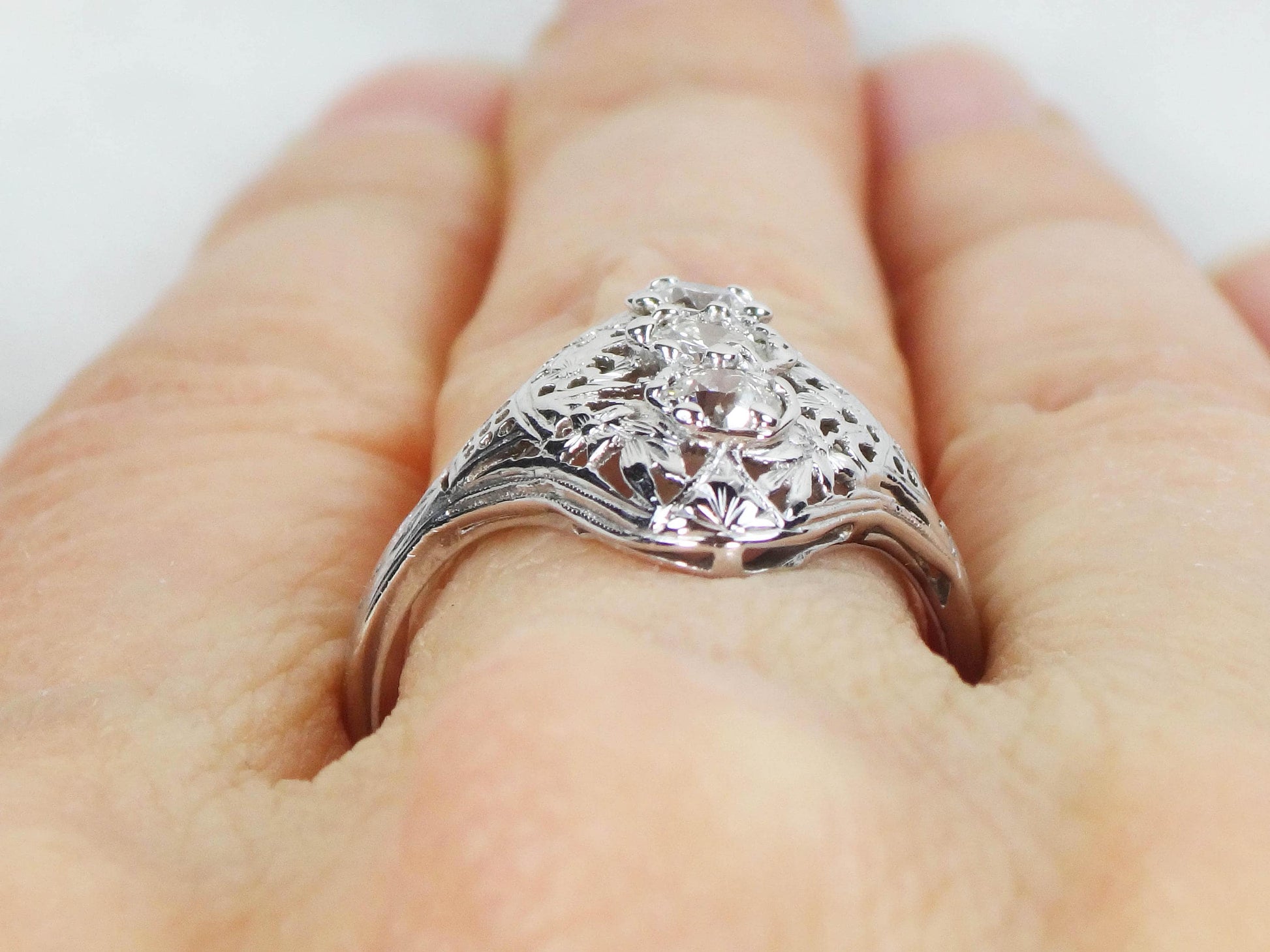 Antique 14k White Gold Diamond Filigree Ring: Art Deco Three-Stone Ring, Size 7