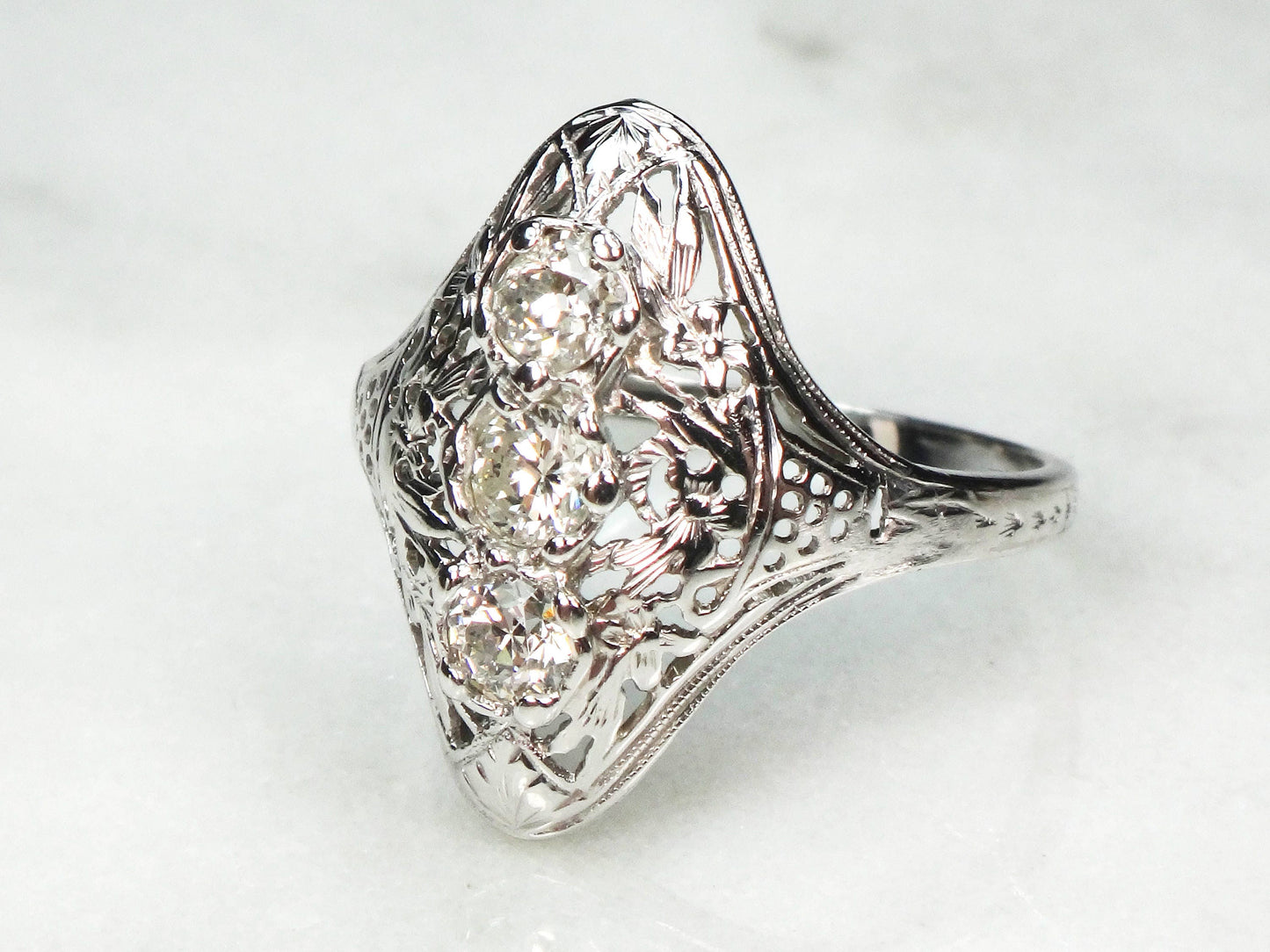 Antique 14k White Gold Diamond Filigree Ring: Art Deco Three-Stone Ring, Size 7