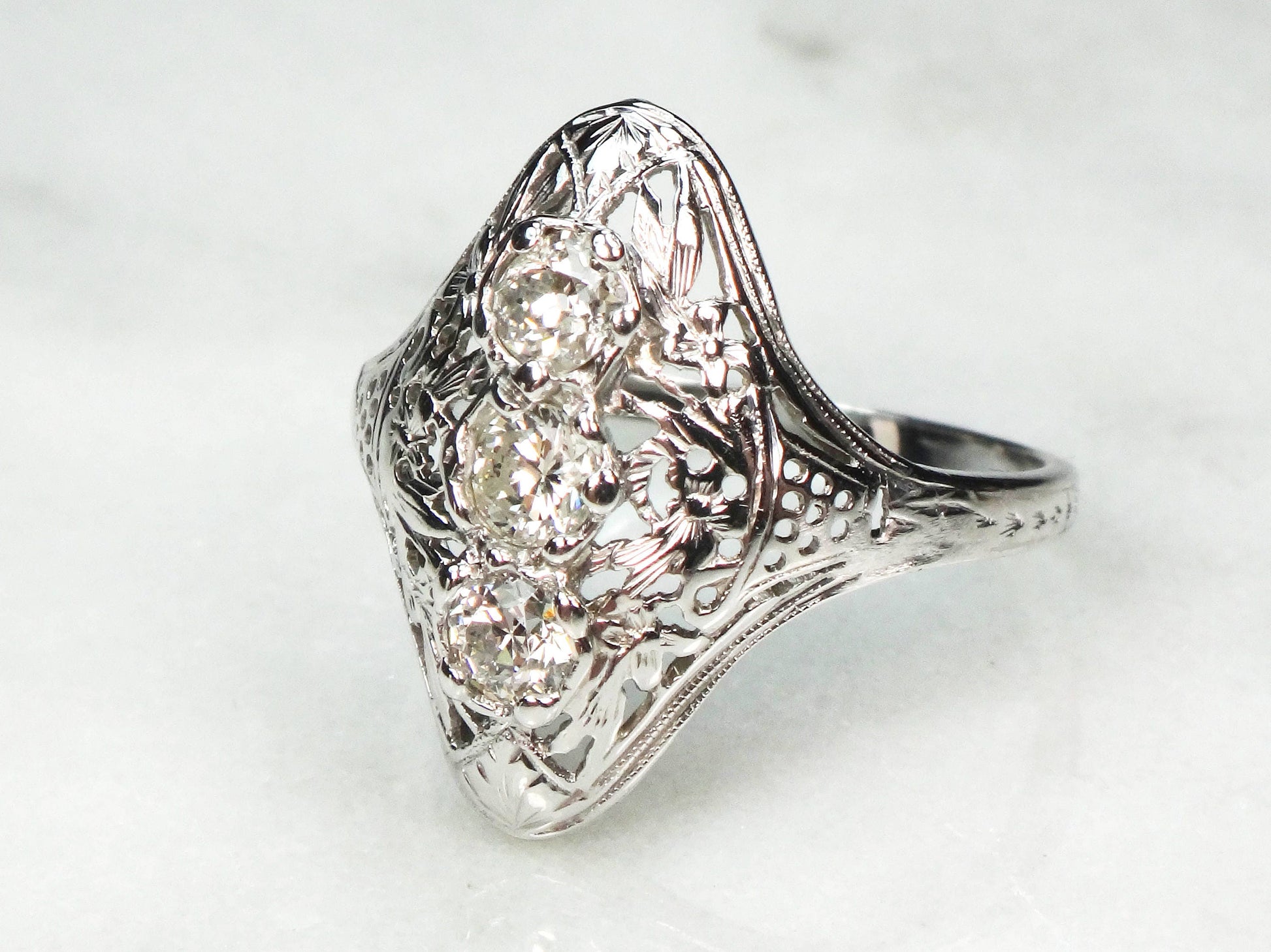 Antique 14k White Gold Diamond Filigree Ring: Art Deco Three-Stone Ring, Size 7