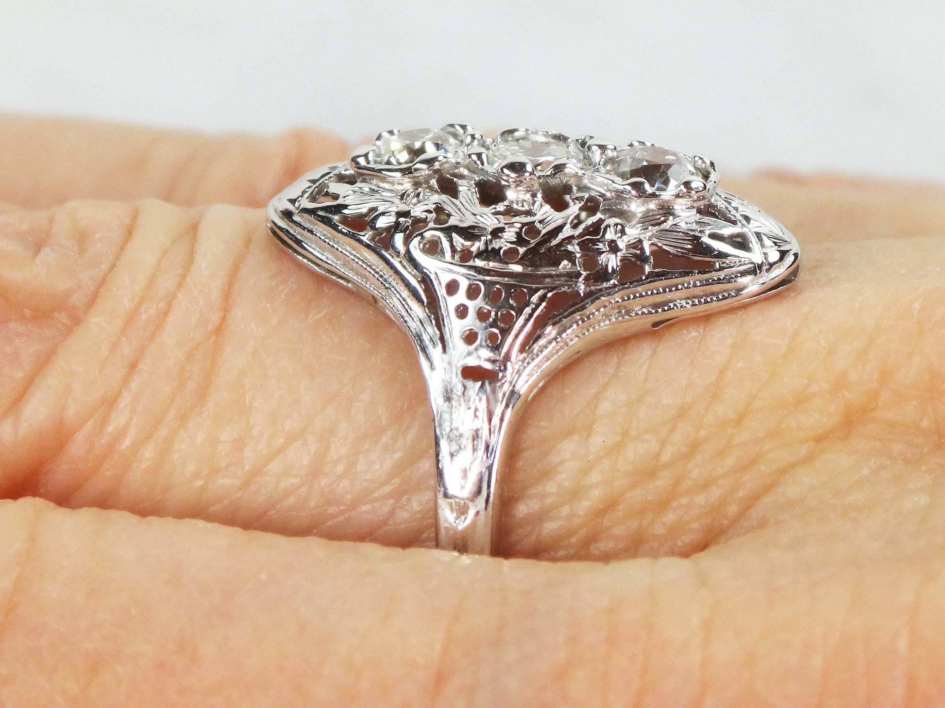 Antique 14k White Gold Diamond Filigree Ring: Art Deco Three-Stone Ring, Size 7