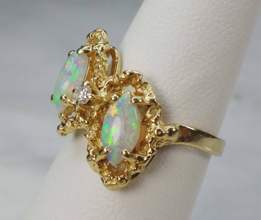 Vintage Two Marquise Opals and Diamond Ring 14k Yellow Gold Natural Australian Opal Ring - October Birthstone