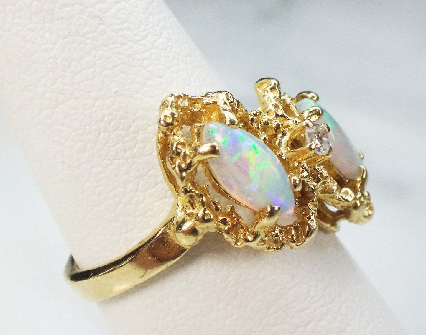 Vintage Two Marquise Opals and Diamond Ring 14k Yellow Gold Natural Australian Opal Ring - October Birthstone
