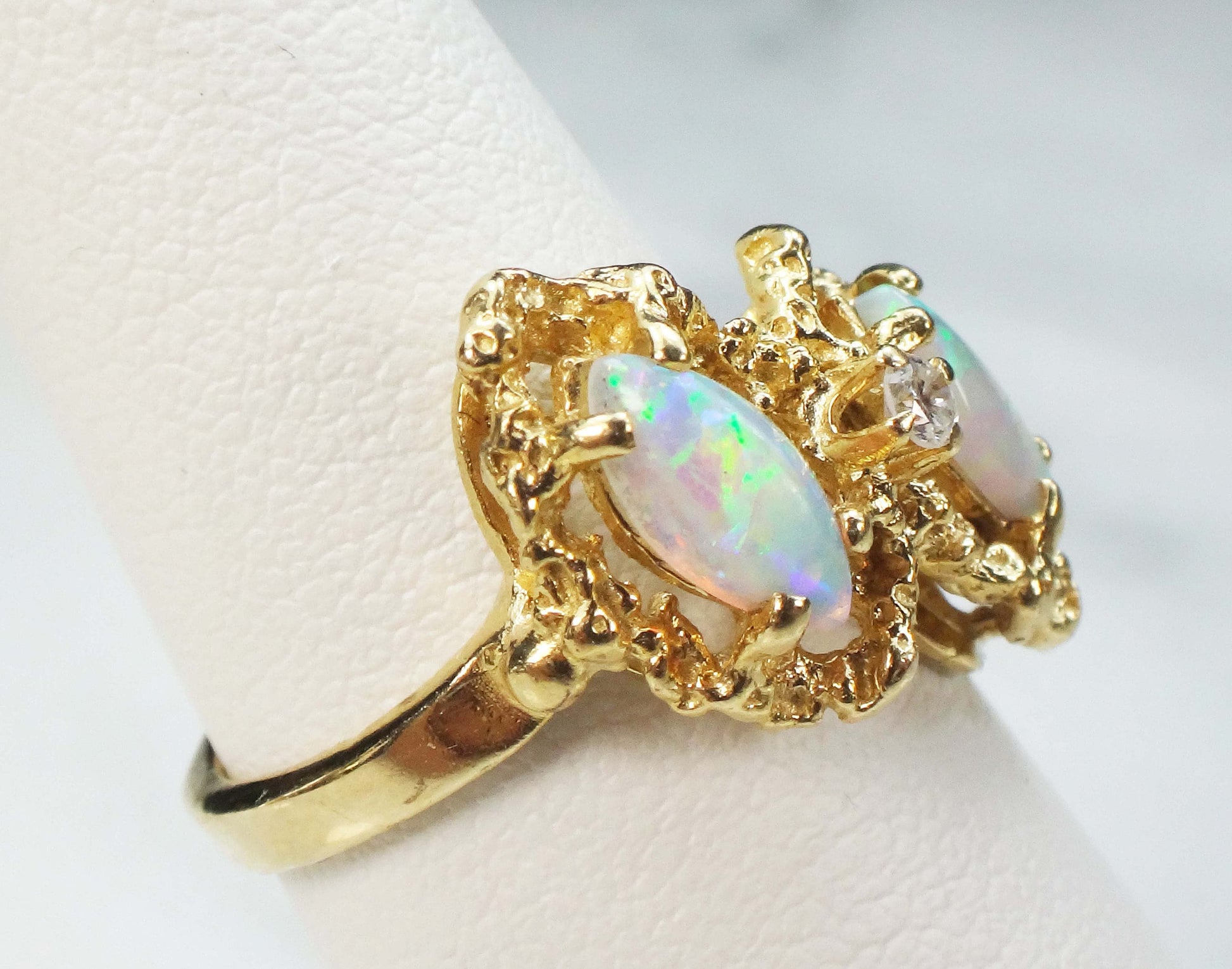 Vintage Two Marquise Opals and Diamond Ring 14k Yellow Gold Natural Australian Opal Ring - October Birthstone