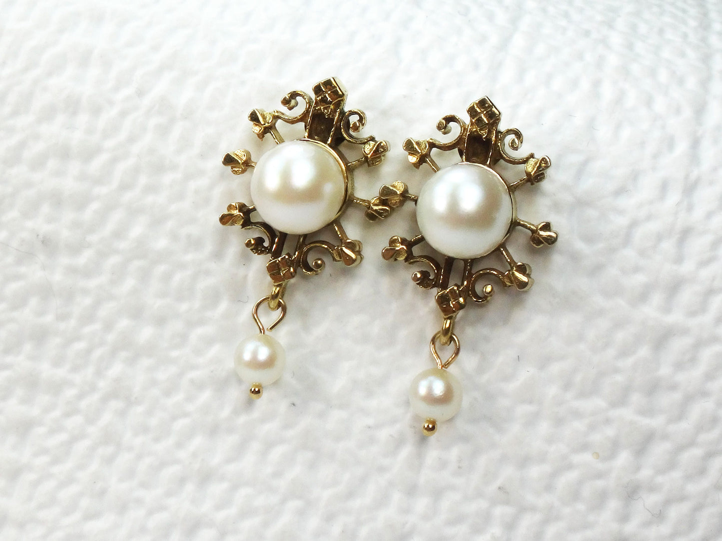 Cultured Pearl Dangle Earrings - 14k Yellow Gold Fine Bridal Jewelry - Vintage Circa 1940's