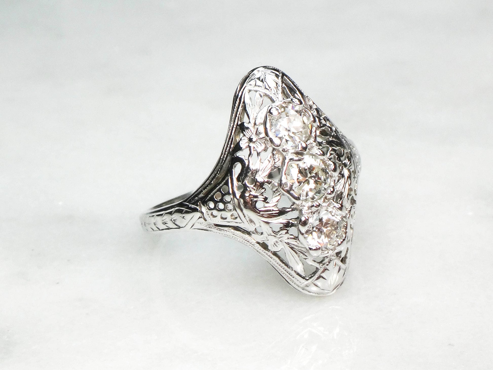 Antique 14k White Gold Diamond Filigree Ring: Art Deco Three-Stone Ring, Size 7