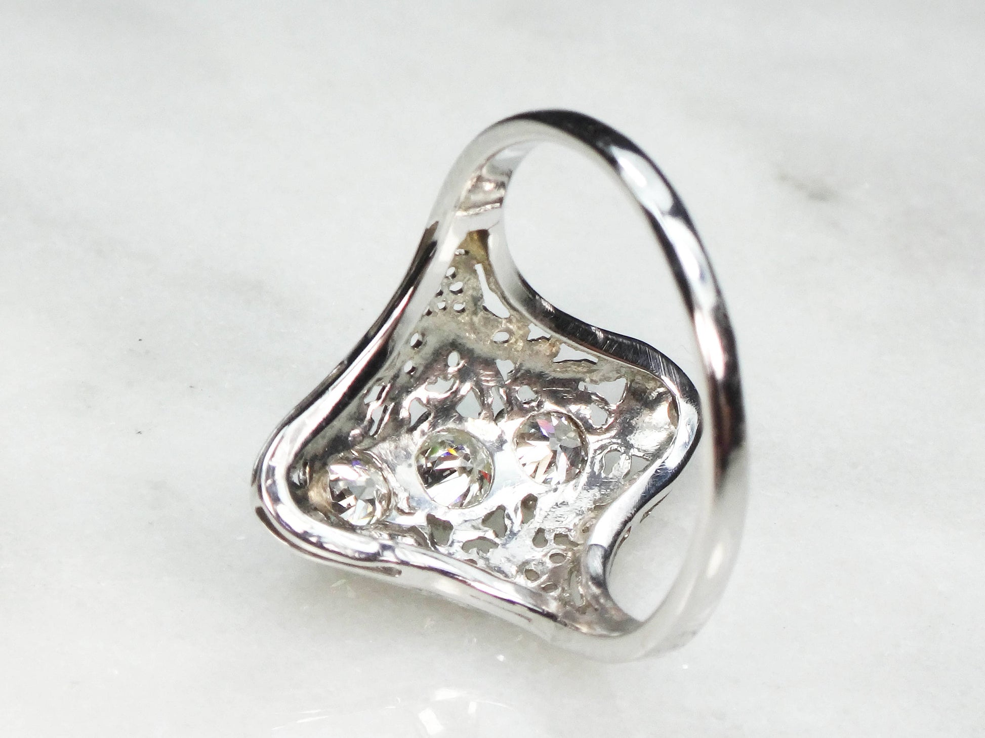 Antique 14k White Gold Diamond Filigree Ring: Art Deco Three-Stone Ring, Size 7