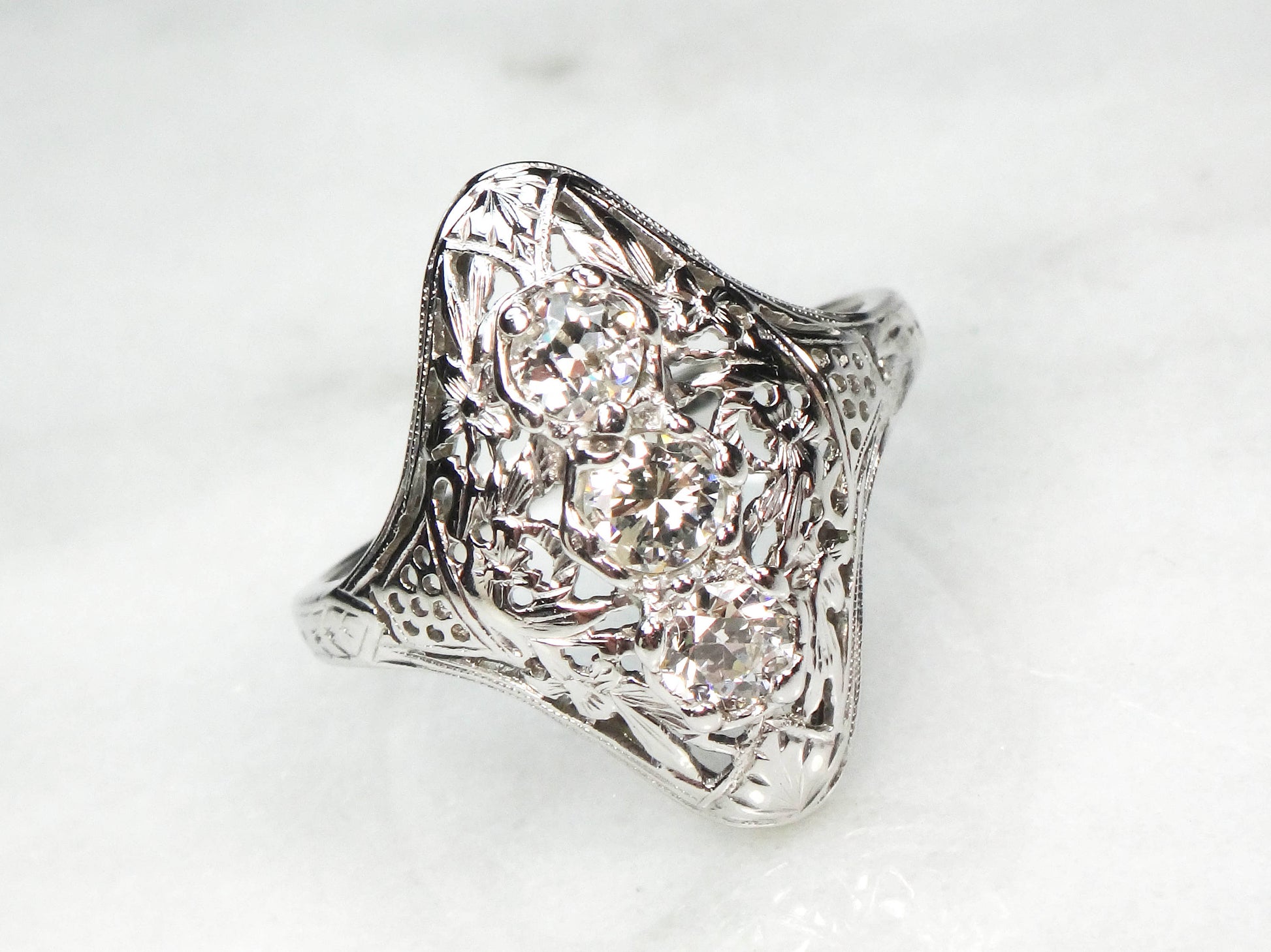 Antique 14k White Gold Diamond Filigree Ring: Art Deco Three-Stone Ring, Size 7