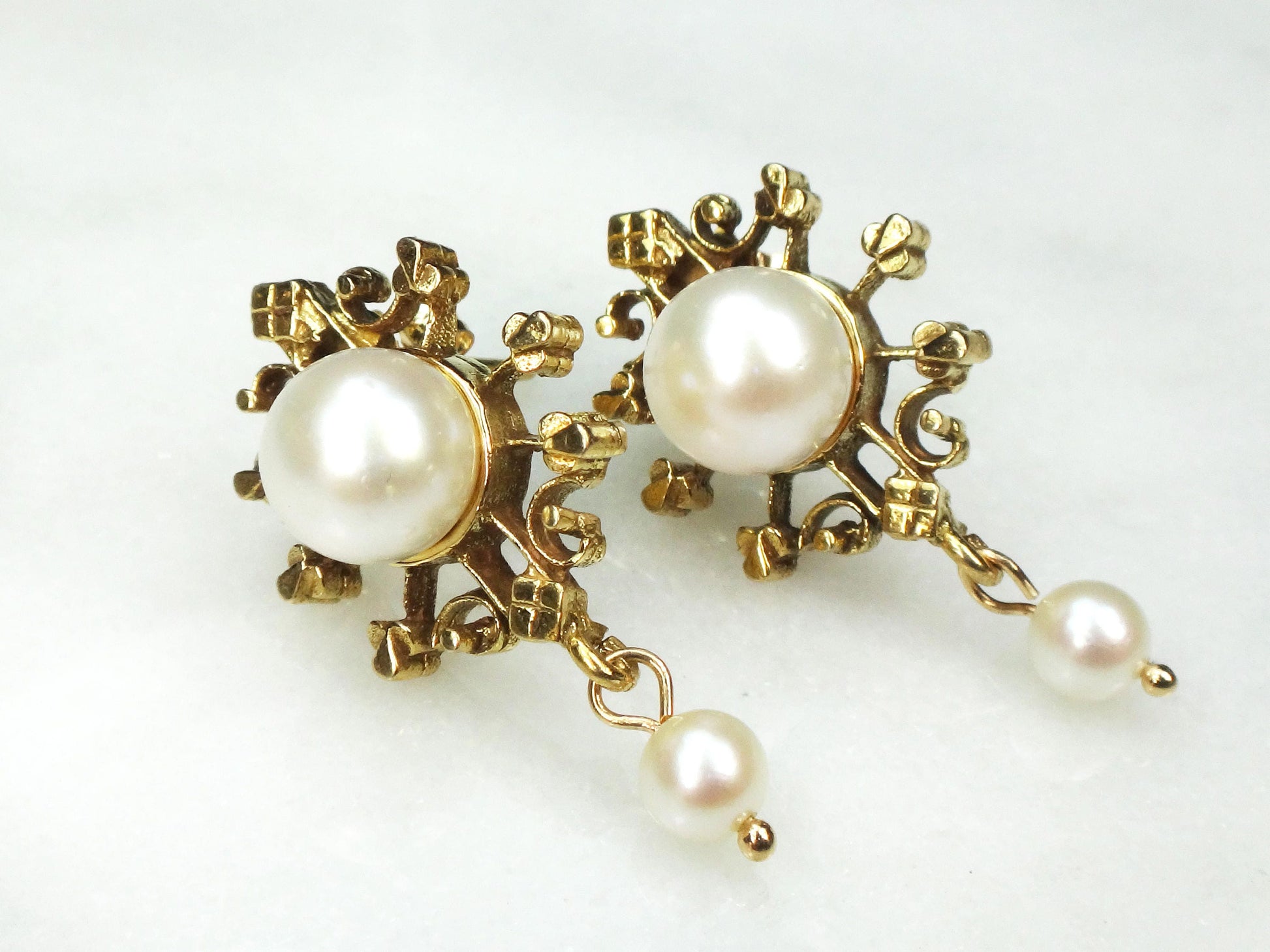 Cultured Pearl Dangle Earrings - 14k Yellow Gold Fine Bridal Jewelry - Vintage Circa 1940's