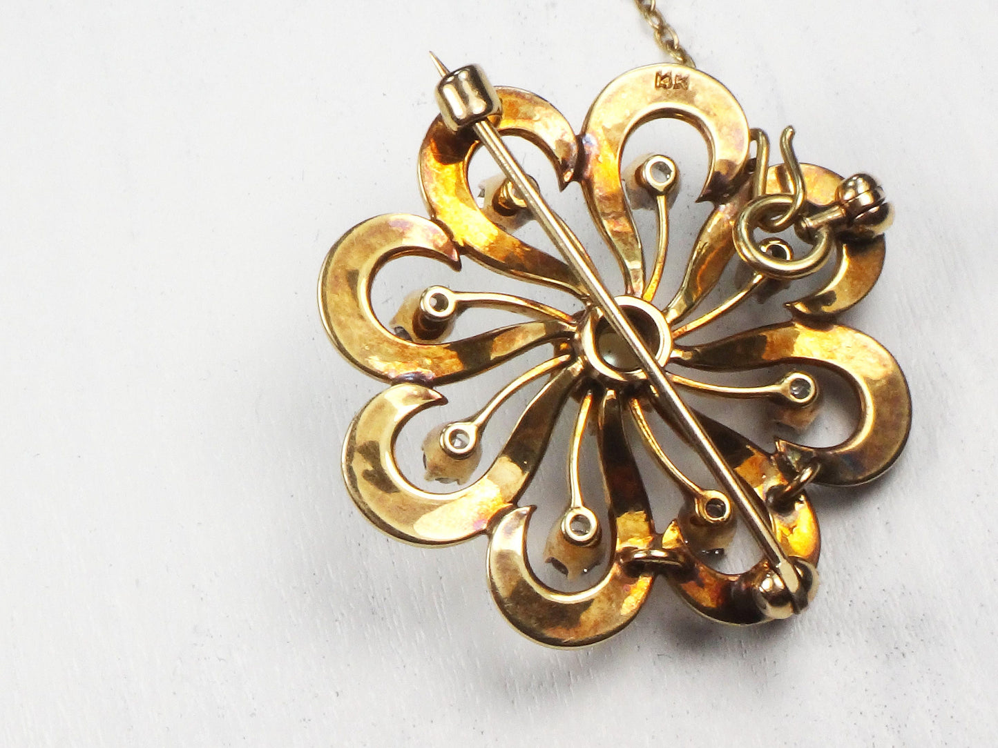 Victorian 14k Gold Floral Pearl Diamond Pendant Pin: Antique Jewelry