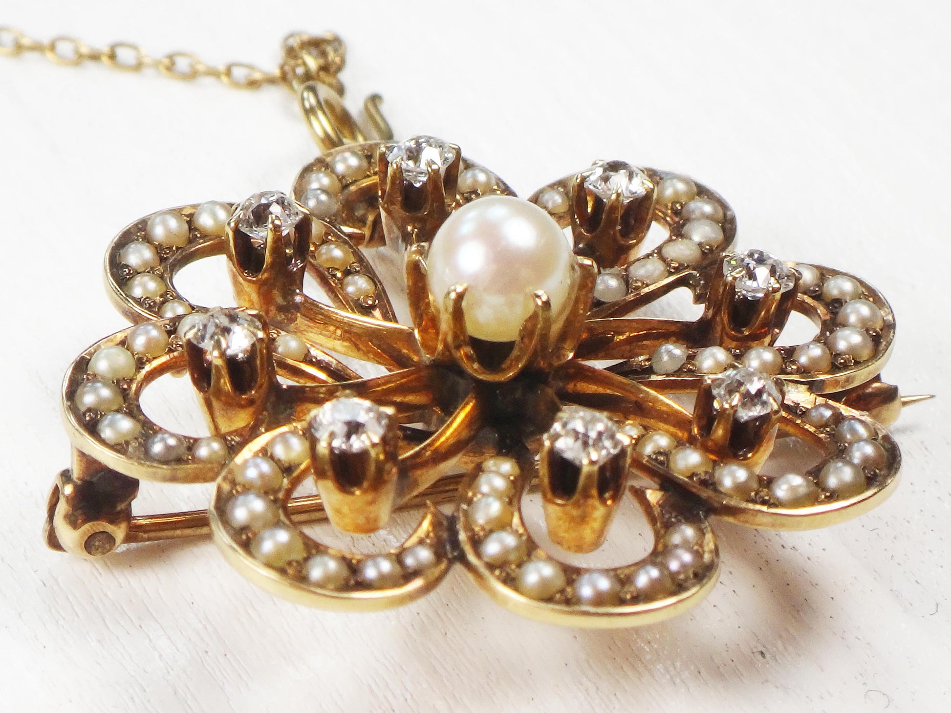 Victorian 14k Gold Floral Pearl Diamond Pendant Pin: Antique Jewelry