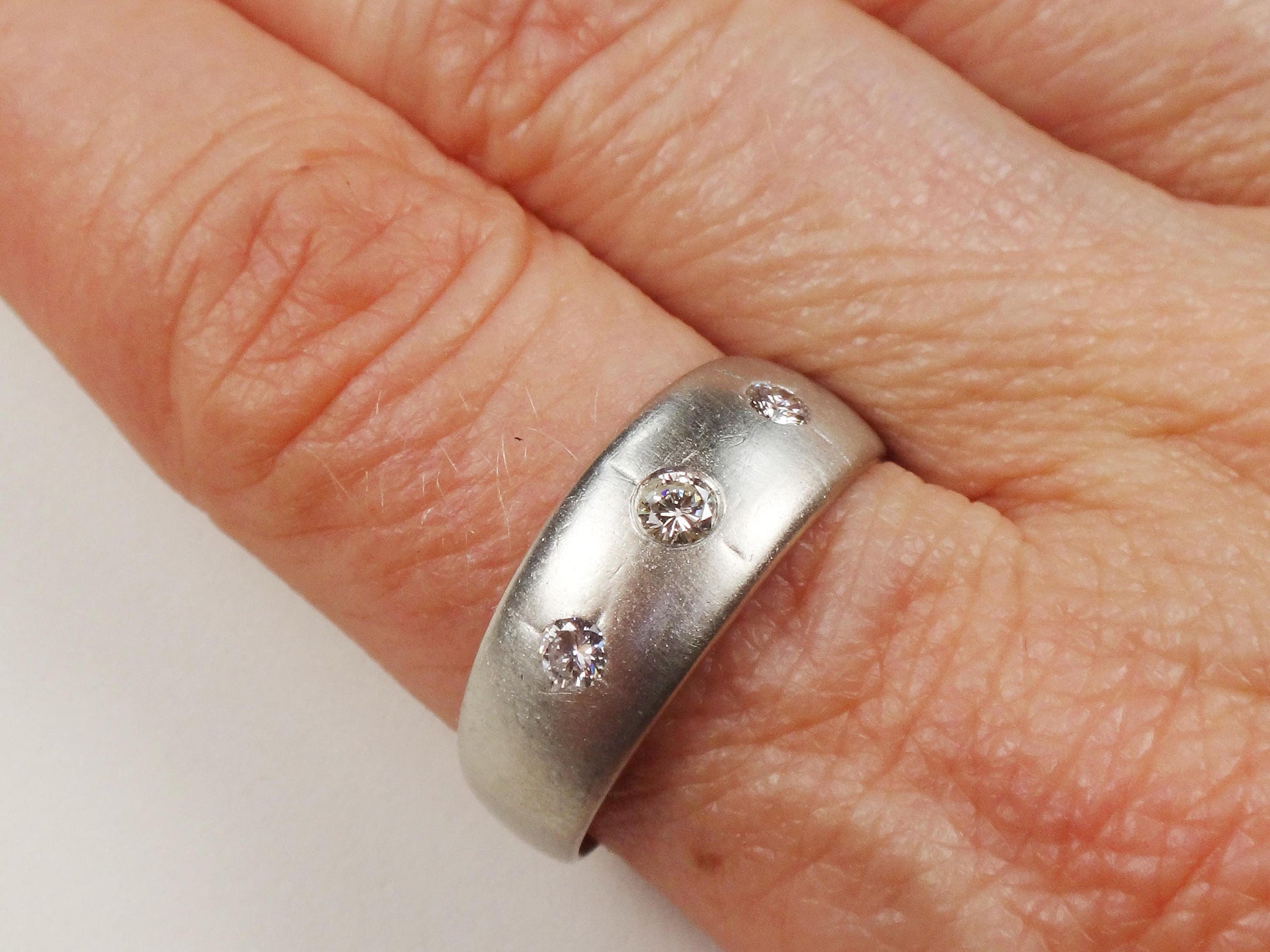 Vintage 14k Natural Diamond Wedding Band Gypsy Set Three Stone Diamond Ring White Gold Wedding Ring Size 9 1/2