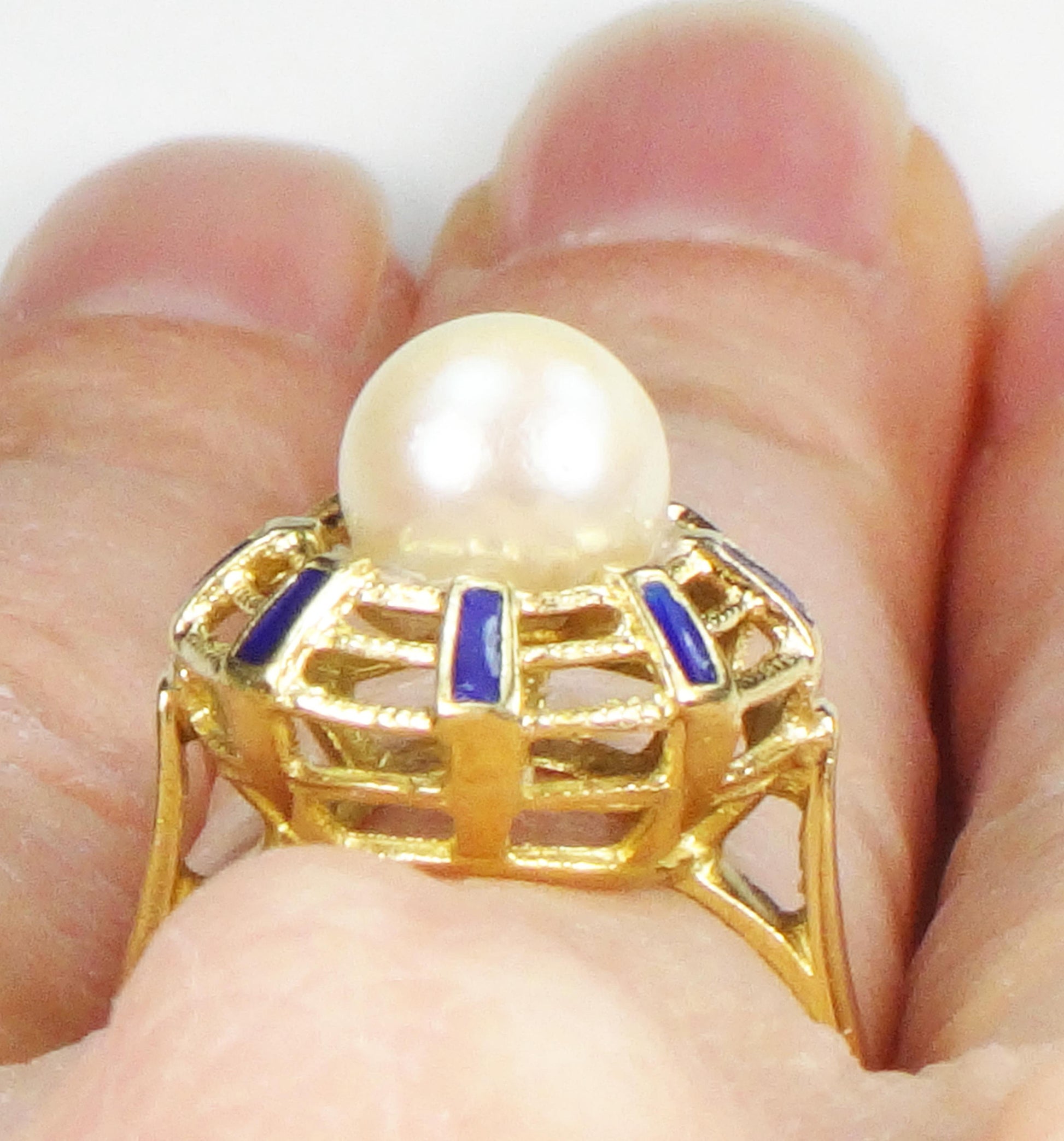 18k Yellow Gold Cultured Pearl and Blue Enamel Ring June Birthstone Ring
