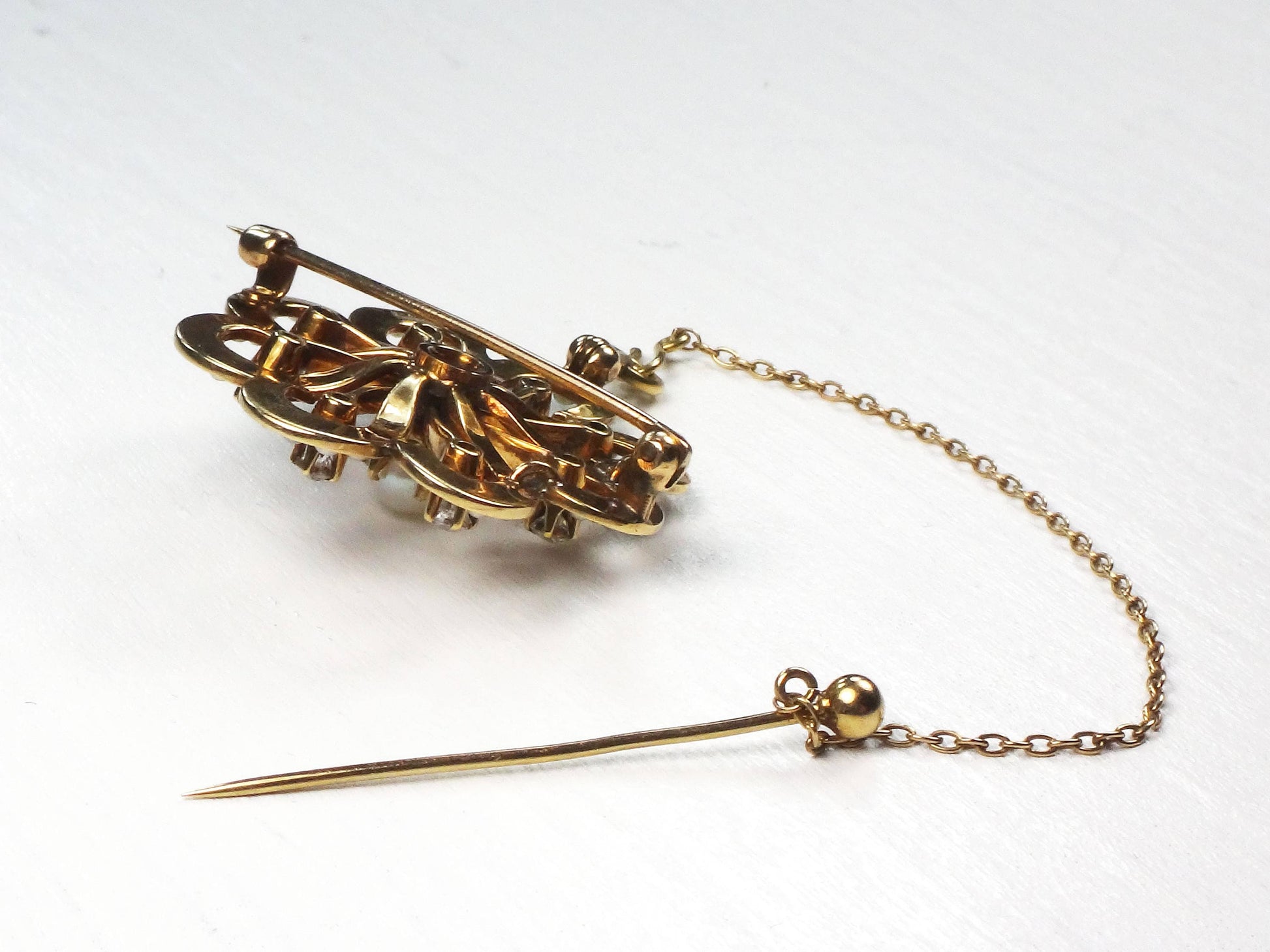 Victorian 14k Gold Floral Pearl Diamond Pendant Pin: Antique Jewelry