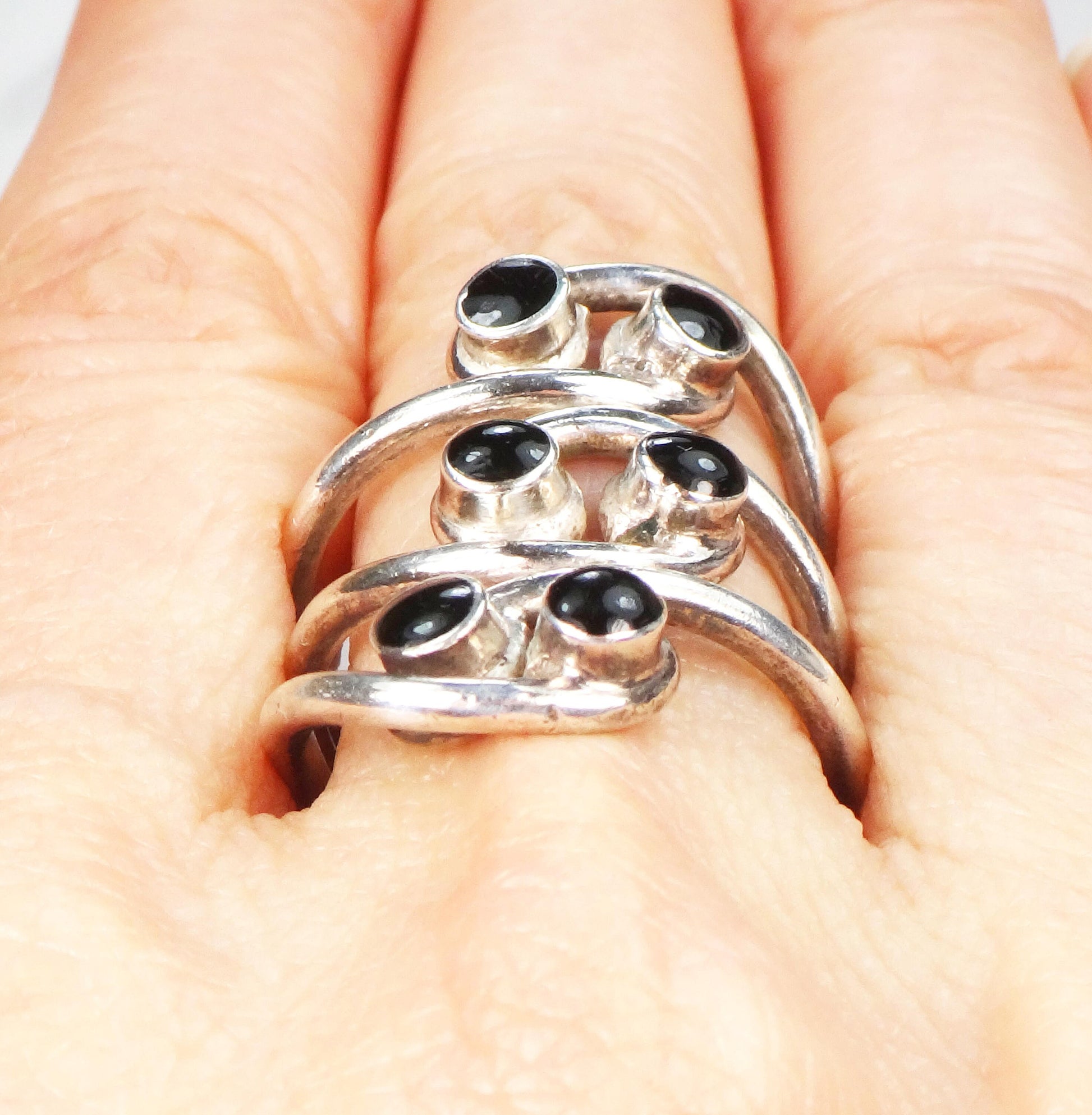 Vintage Sterling Silver Black Enamel Ring - Twisted Boho Style - Size 7