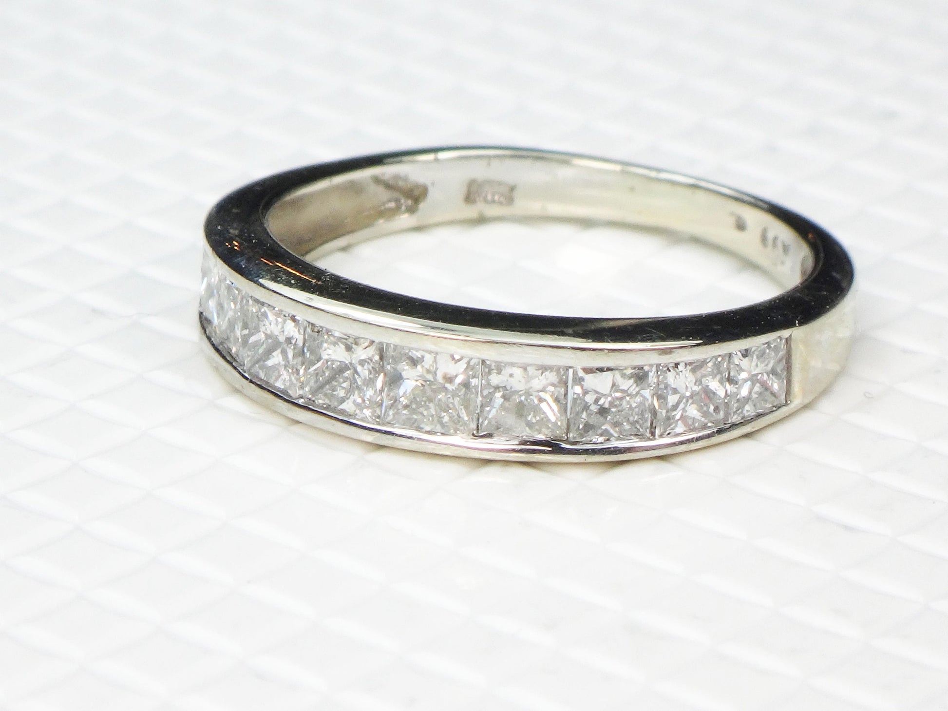 Vintage 14k White Gold Channel Set Natural Diamond Wedding Band, 1.25 Carat TDW Princess Cut Diamond Ring, Size 6.5