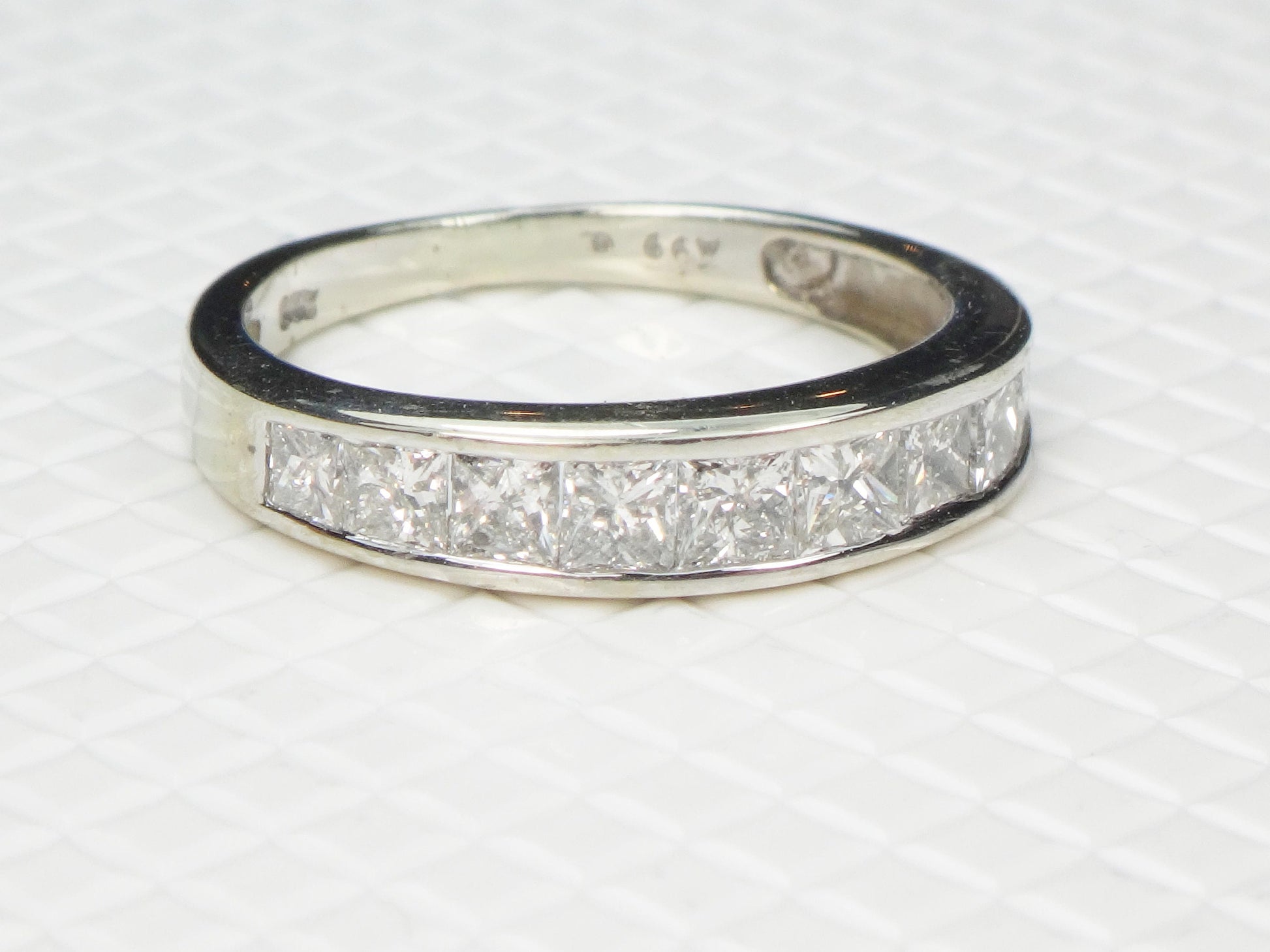 Vintage 14k White Gold Channel Set Natural Diamond Wedding Band, 1.25 Carat TDW Princess Cut Diamond Ring, Size 6.5