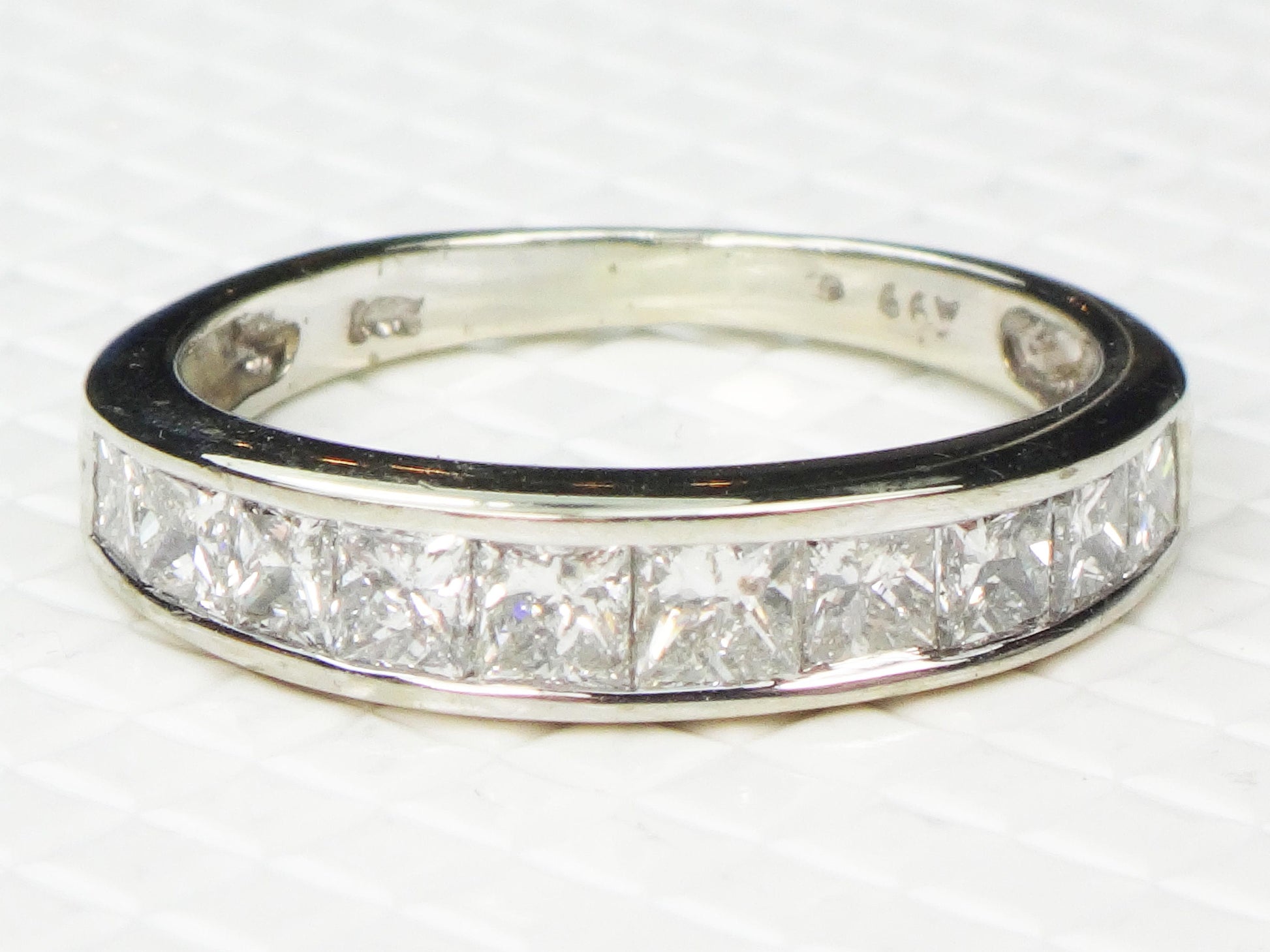 Vintage 14k White Gold Channel Set Natural Diamond Wedding Band, 1.25 Carat TDW Princess Cut Diamond Ring, Size 6.5