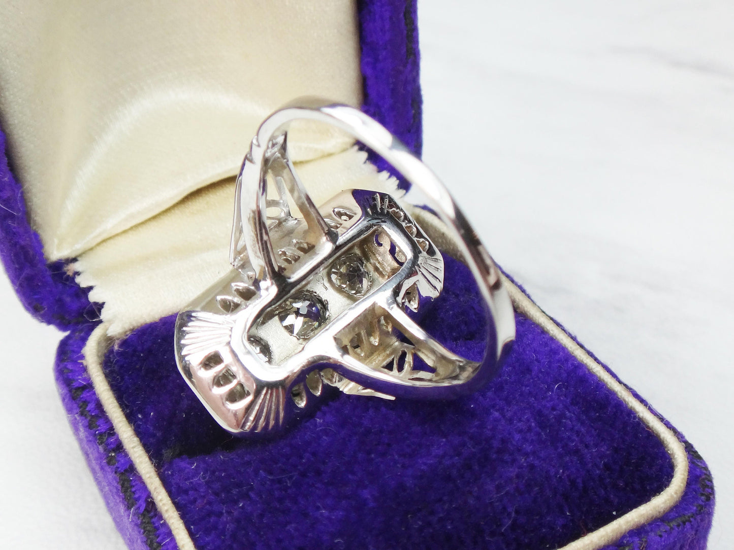 14k White Gold Art Deco Diamond Ring: Three Stone Old Mine Cut