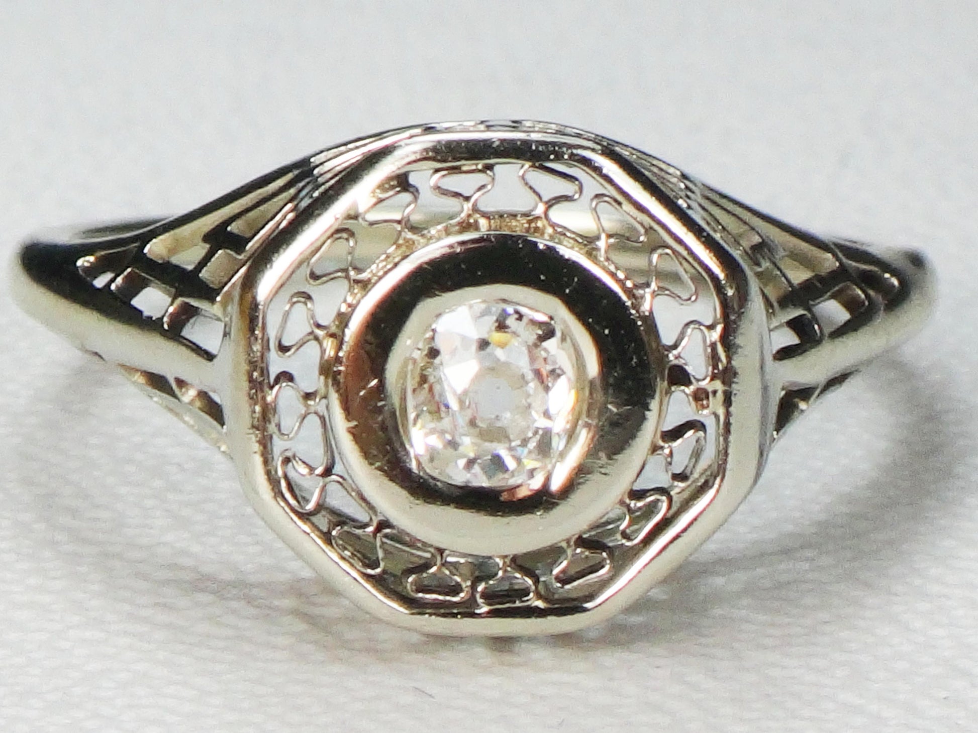 Vintage 14k White Gold Old Mine Cut Diamond Ring Art Deco Filigree Natural Diamond Engagement Ring Circa 1925