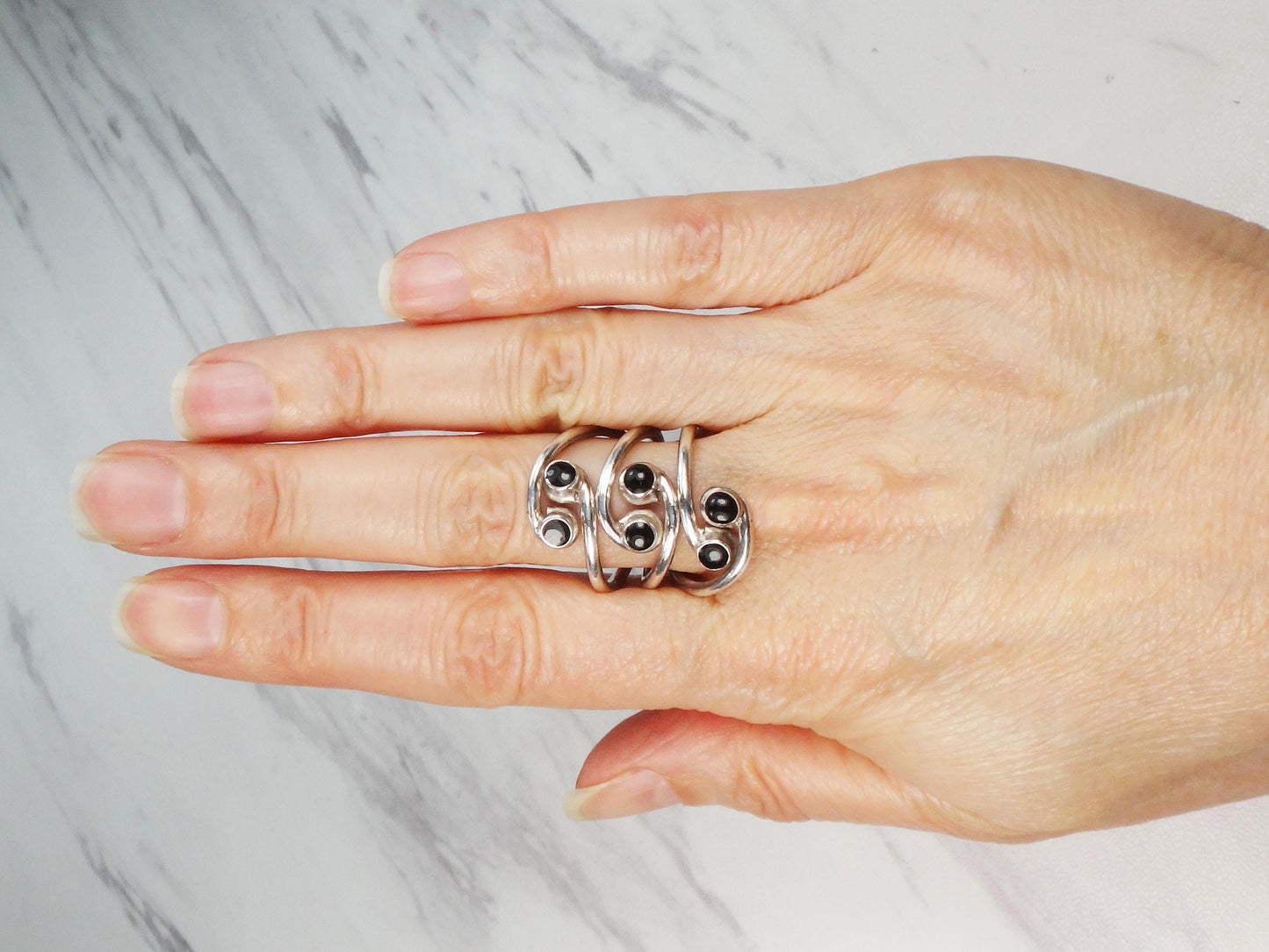 Vintage Sterling Silver Black Enamel Ring - Twisted Boho Style - Size 7