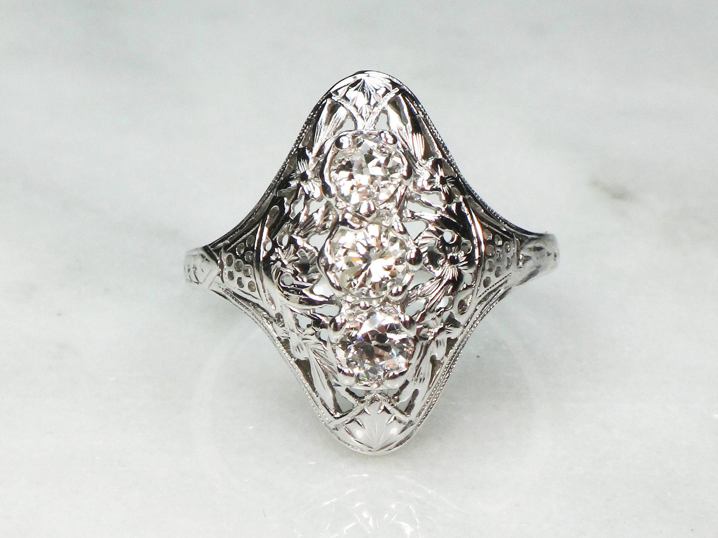 Antique 14k White Gold Diamond Filigree Ring: Art Deco Three-Stone Ring, Size 7