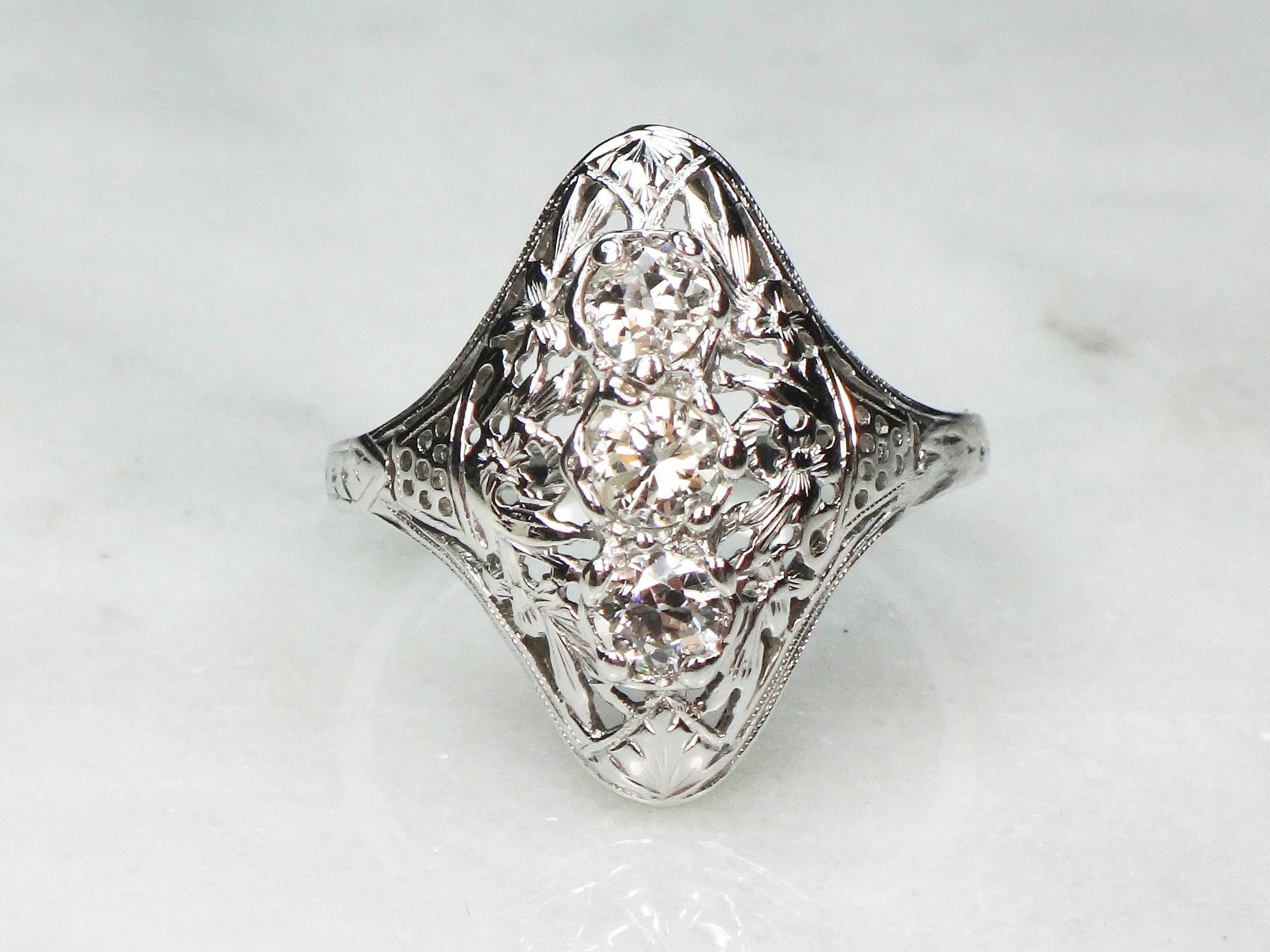 Antique 14k White Gold Diamond Filigree Ring: Art Deco Three-Stone Ring, Size 7