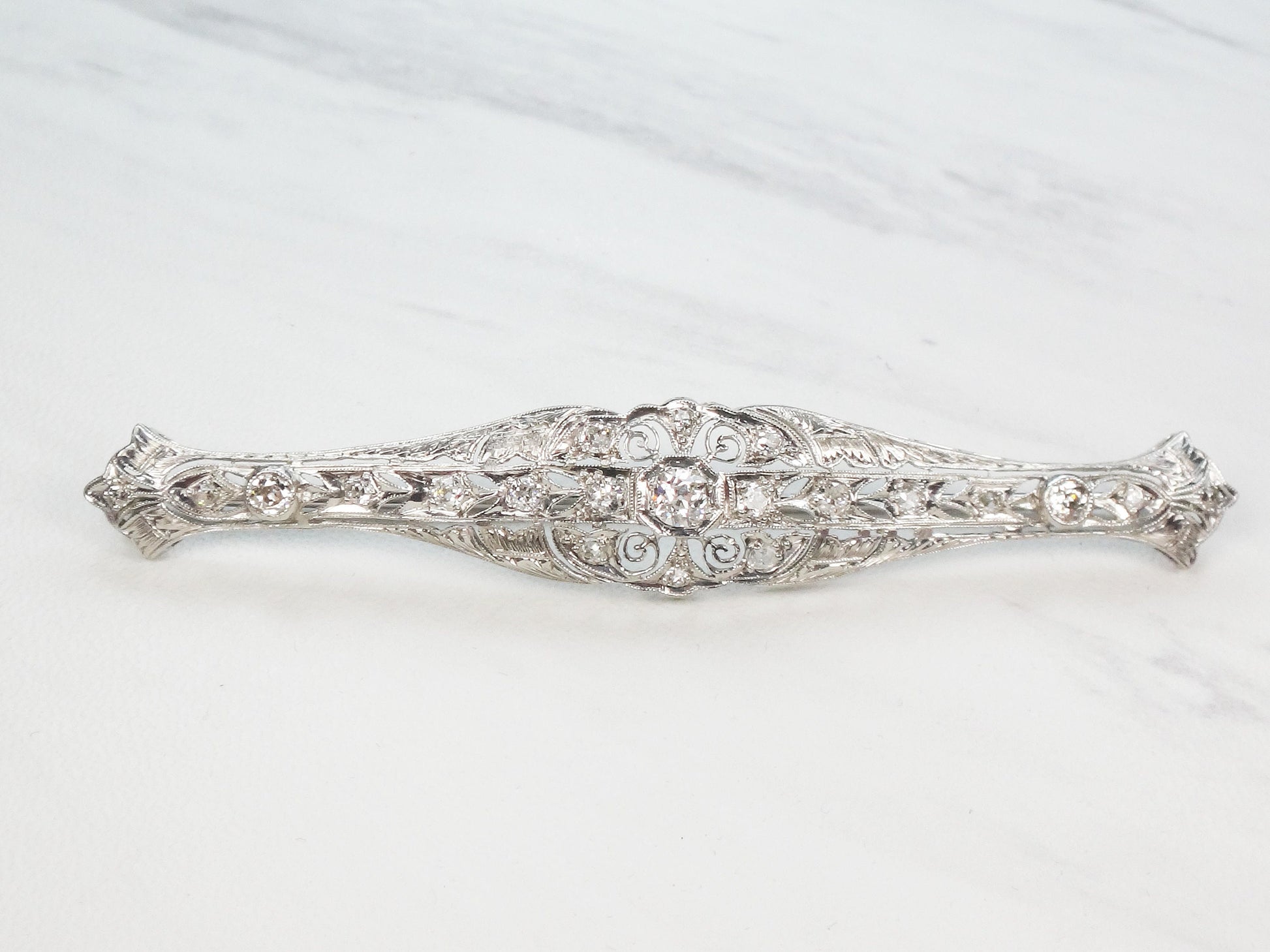 Antique 14k White Gold Large Natural Diamond Bar Pin Art Deco Old Mine Cut 1 Carat Diamond Pin