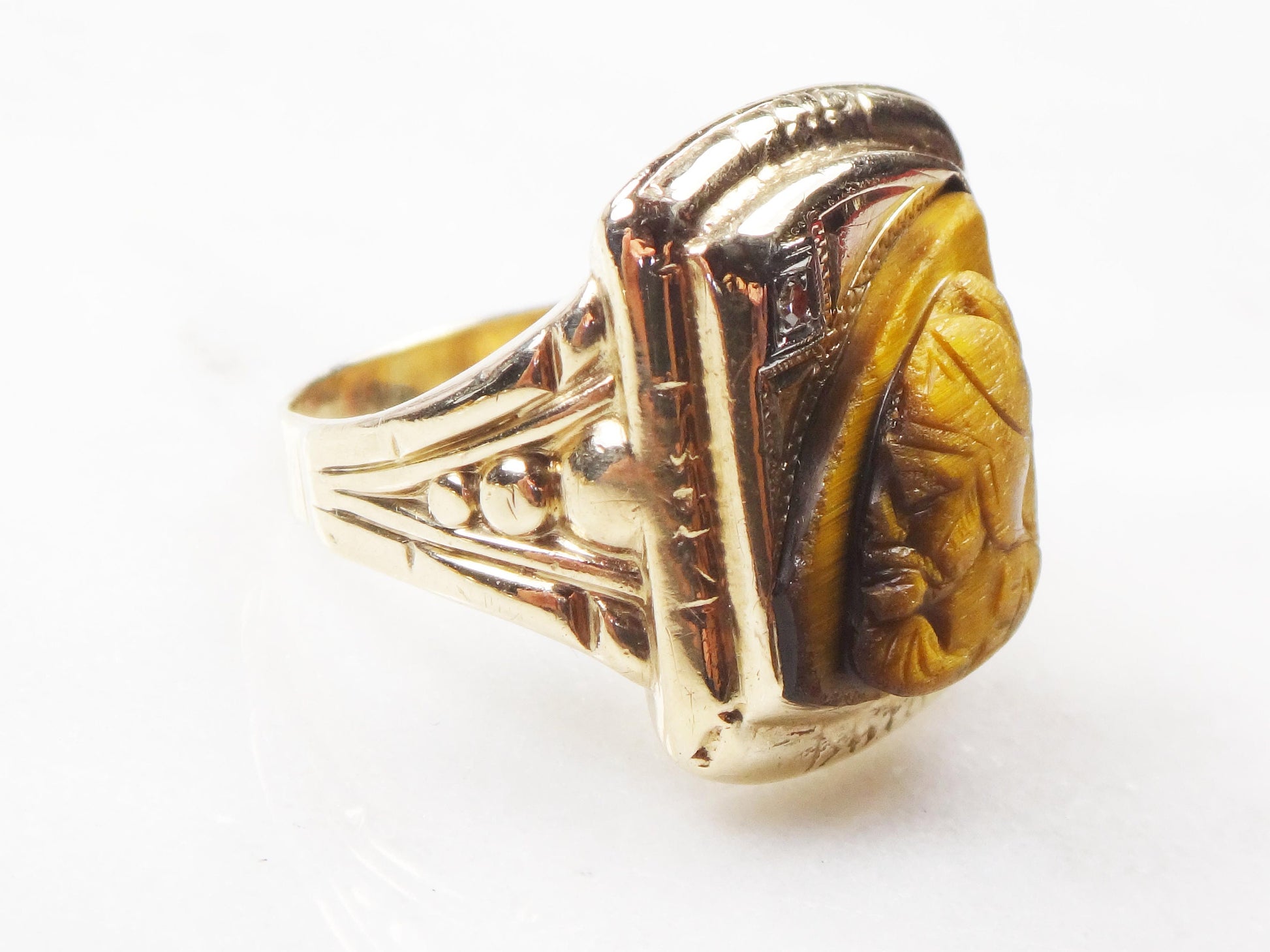 Vintage 10k Gold Carved Tiger Eye Intaglio Ring with Diamond Yellow Gold Cameo Ring Size 9