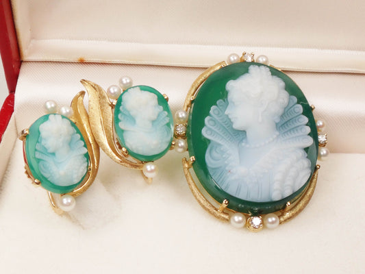 Vintage 14k Gold Green Hardstone Cameo Pendant and Cameo Earrings Set Renaissance Revival Cameo with Cultured Pearls and Diamonds