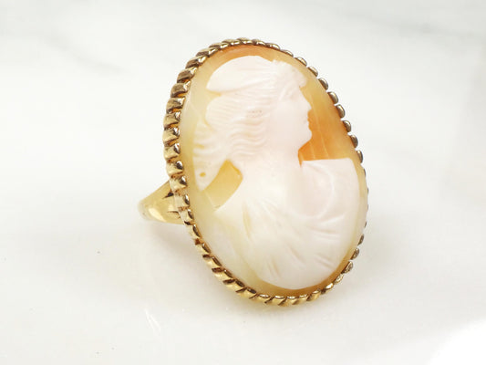Vintage Cameo Ring 14k Gold Cameo Ring Greek Goddess Psyche Butterfly Vintage Shell Cameo Gold Ring Large Cameo Ring Size 8.25