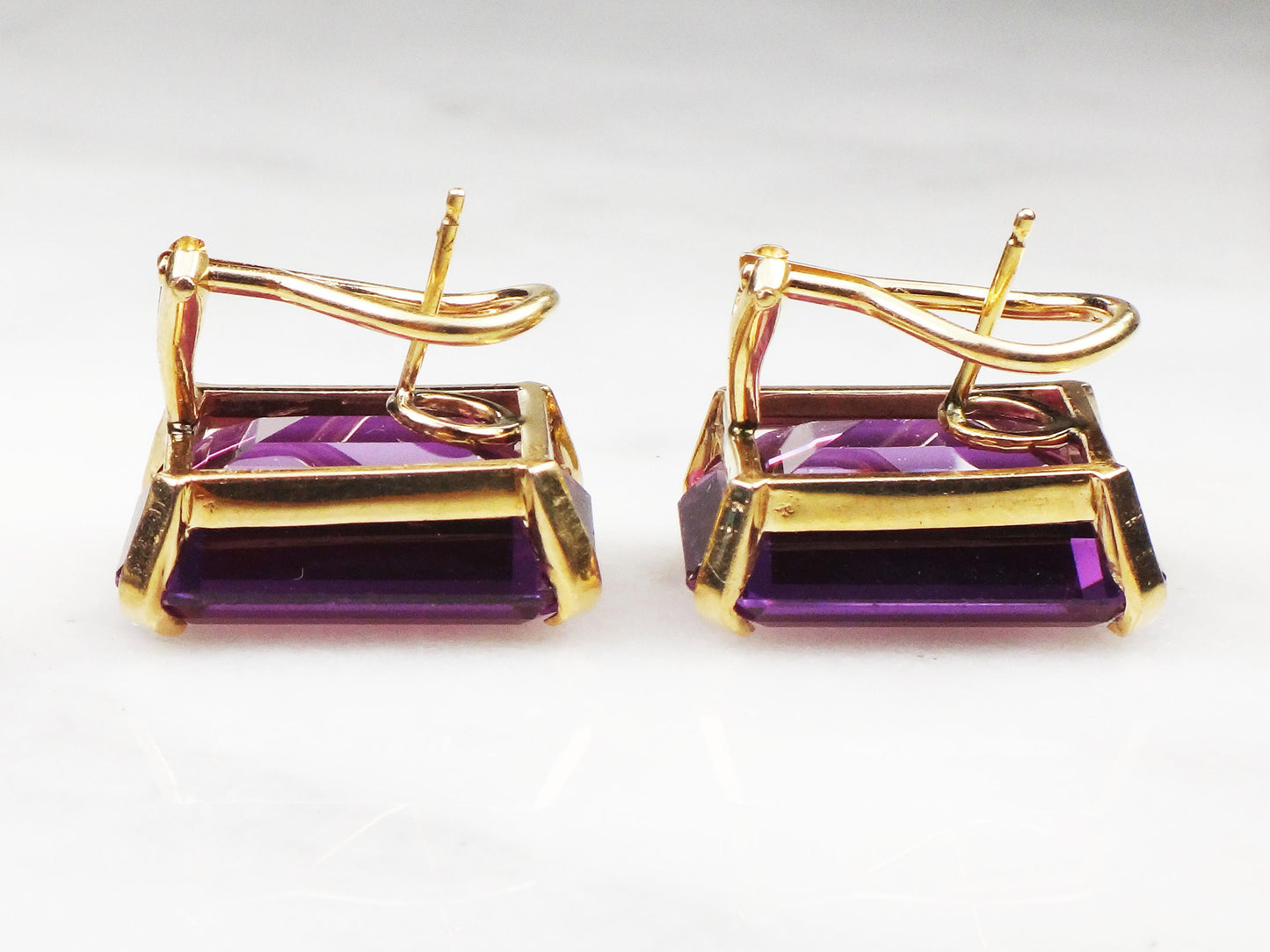 Vintage 14k Large Rectangle Purple Sapphire Earrings with French Clips