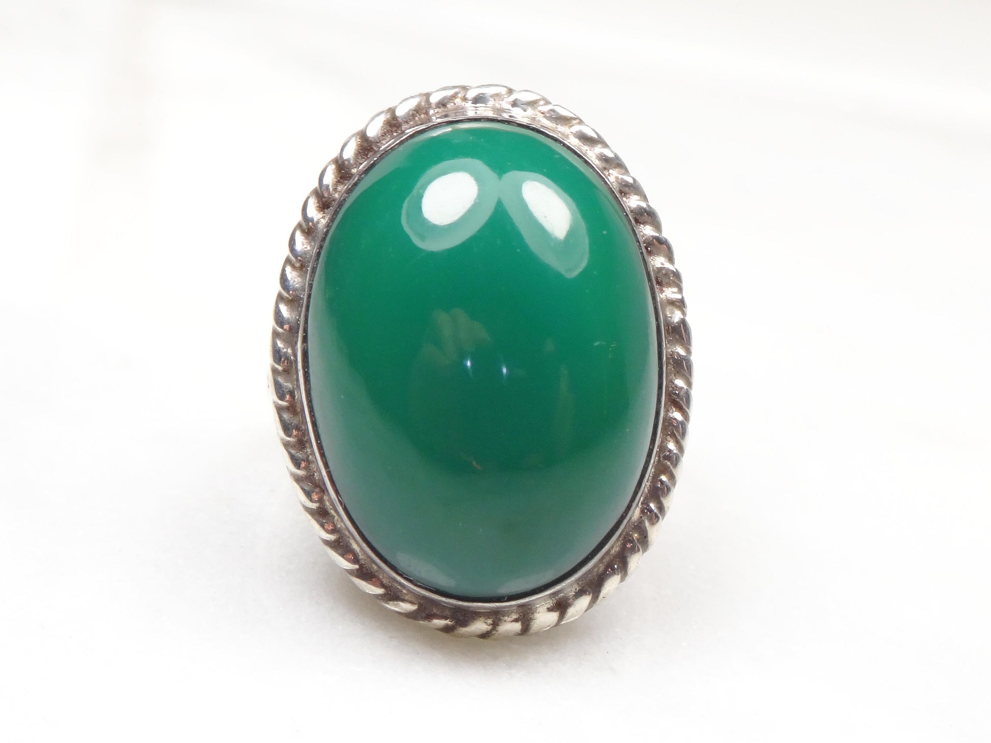 Vintage Sterling Green Stone Ring Large Sterling Silver Glass Ring Faux Jade Ring Mexico Silver Ring Southwestern Ring Statement Ring