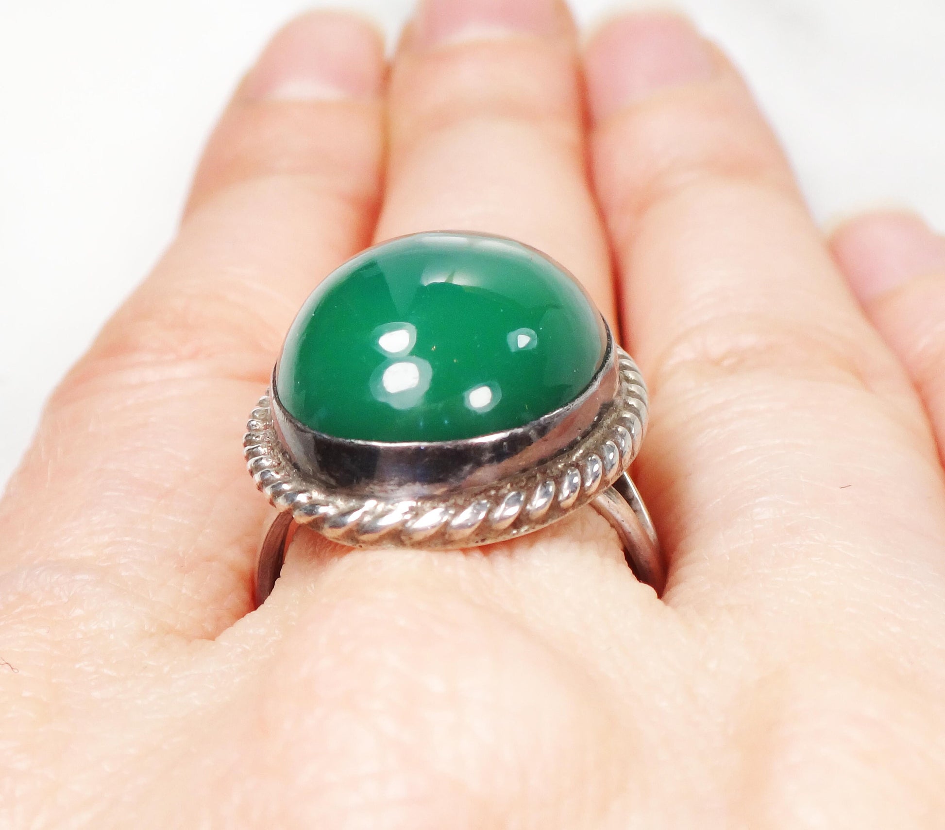Vintage Sterling Green Stone Ring Large Sterling Silver Glass Ring Faux Jade Ring Mexico Silver Ring Southwestern Ring Statement Ring