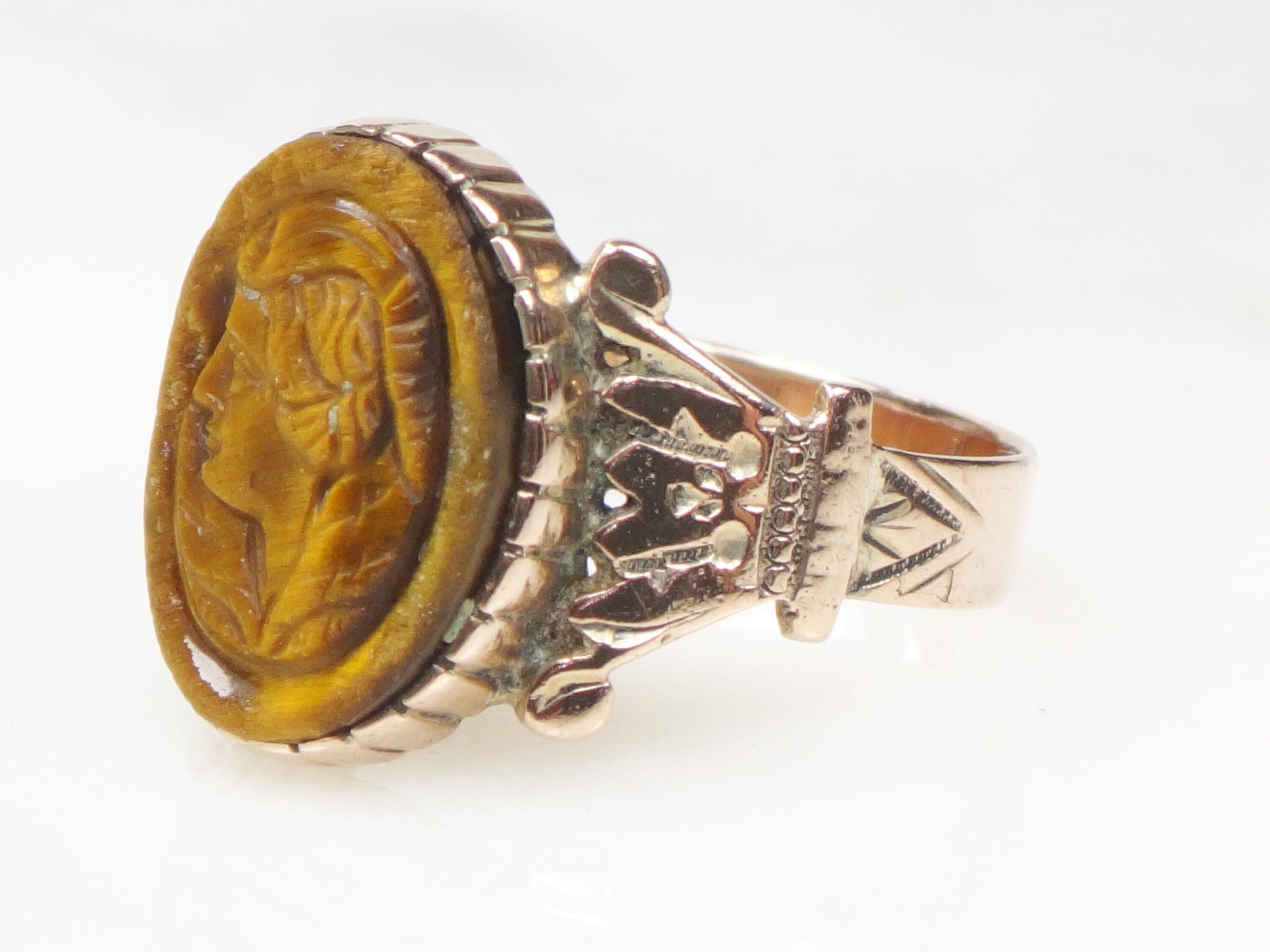 Antique 14k Gold Intaglio Ring: Carved Tiger Eye Victorian Jewelry 1880's