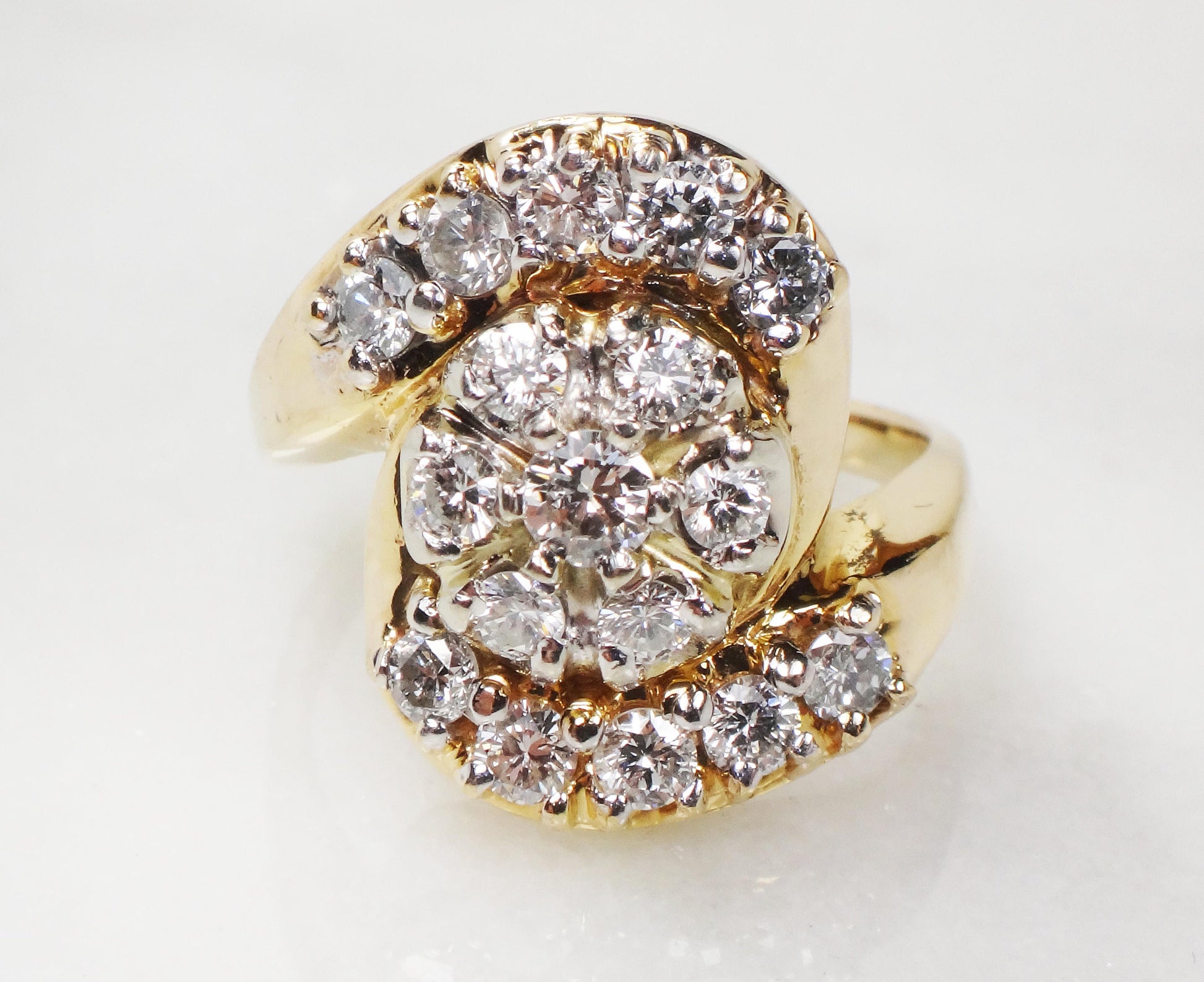 Vintage 14k Yellow Gold Natural Diamond Cluster Ring Floral Diamond Statement Ring 1940's Retro Diamond Ring Approx .90 CT TDW