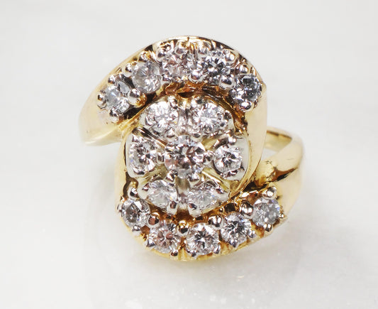 Vintage 14k Yellow Gold Natural Diamond Cluster Ring Floral Diamond Statement Ring 1940's Retro Diamond Ring Approx .90 CT TDW