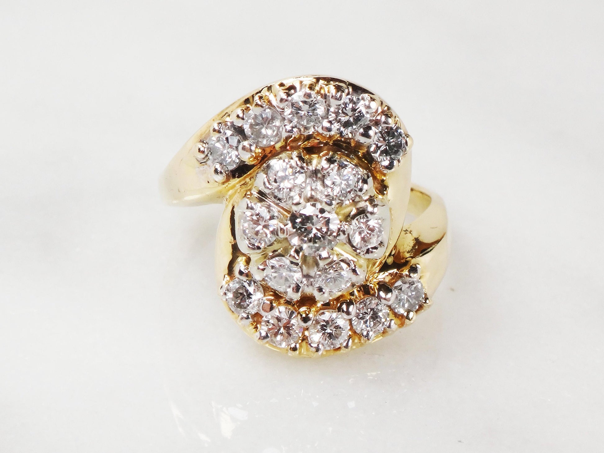 Vintage 14k Yellow Gold Natural Diamond Cluster Ring Floral Diamond Statement Ring 1940's Retro Diamond Ring Approx .90 CT TDW
