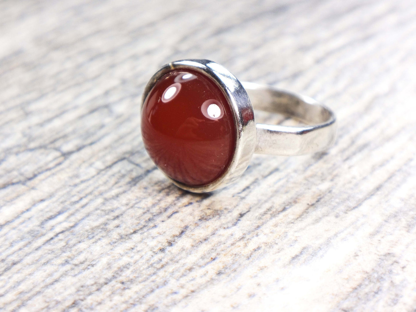 Vintage Sterling Silver Orange Glass Ring Round Imitation Carnelian Ring - Made in Israel