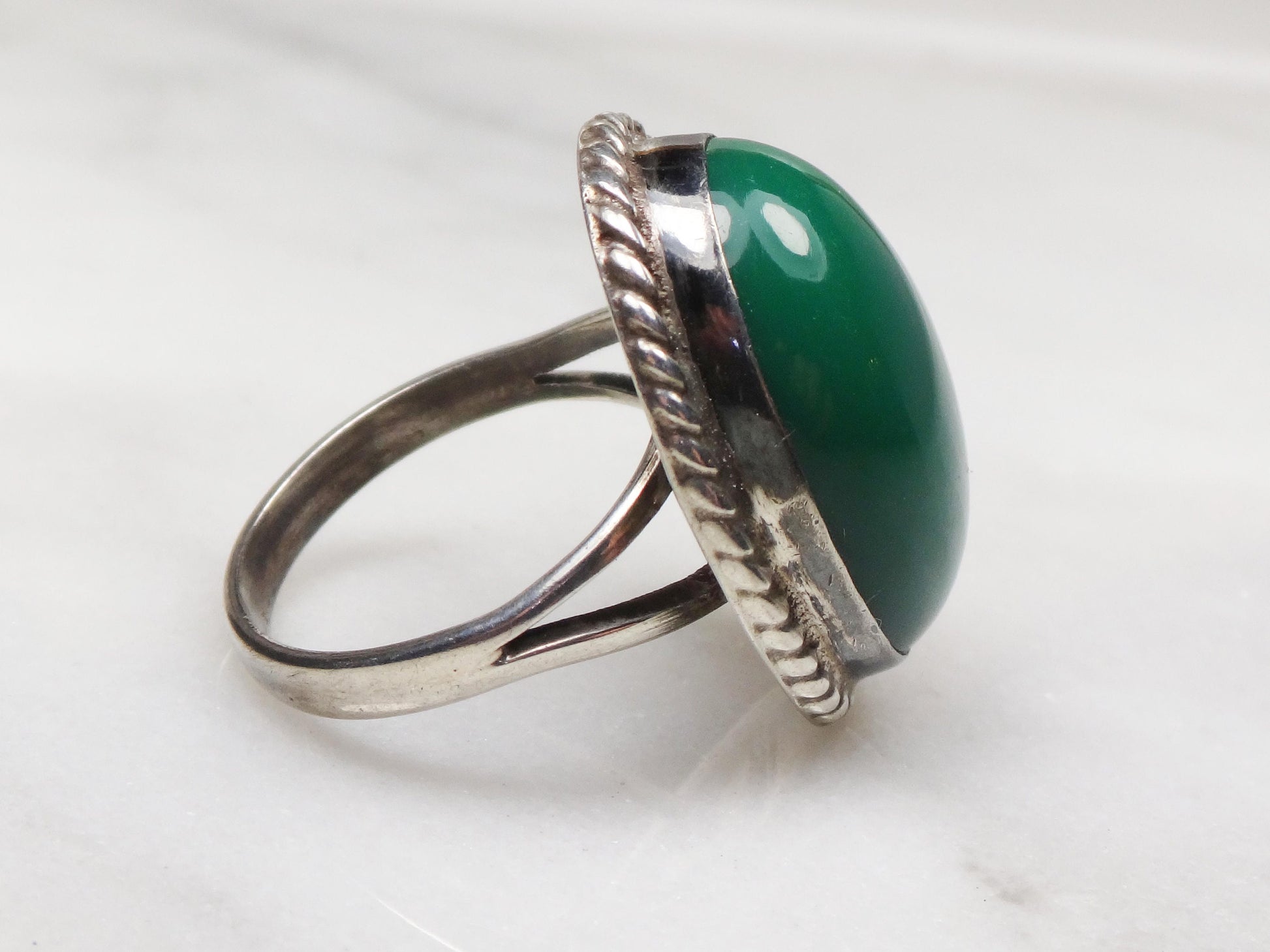 Vintage Sterling Green Stone Ring Large Sterling Silver Glass Ring Faux Jade Ring Mexico Silver Ring Southwestern Ring Statement Ring