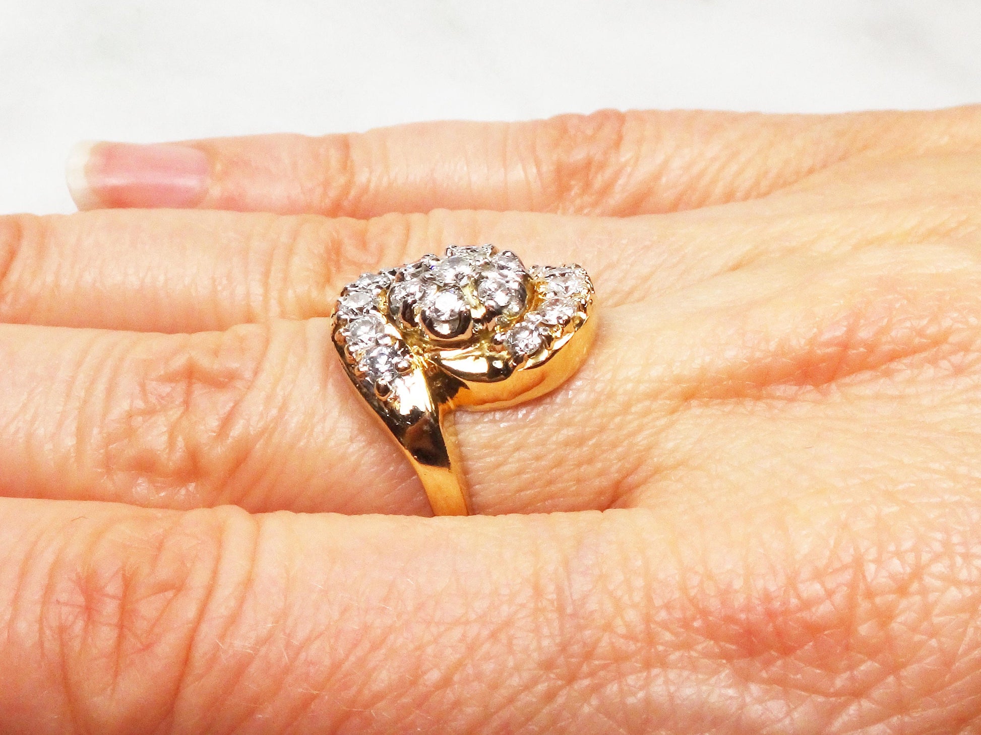 Vintage 14k Yellow Gold Natural Diamond Cluster Ring Floral Diamond Statement Ring 1940's Retro Diamond Ring Approx .90 CT TDW